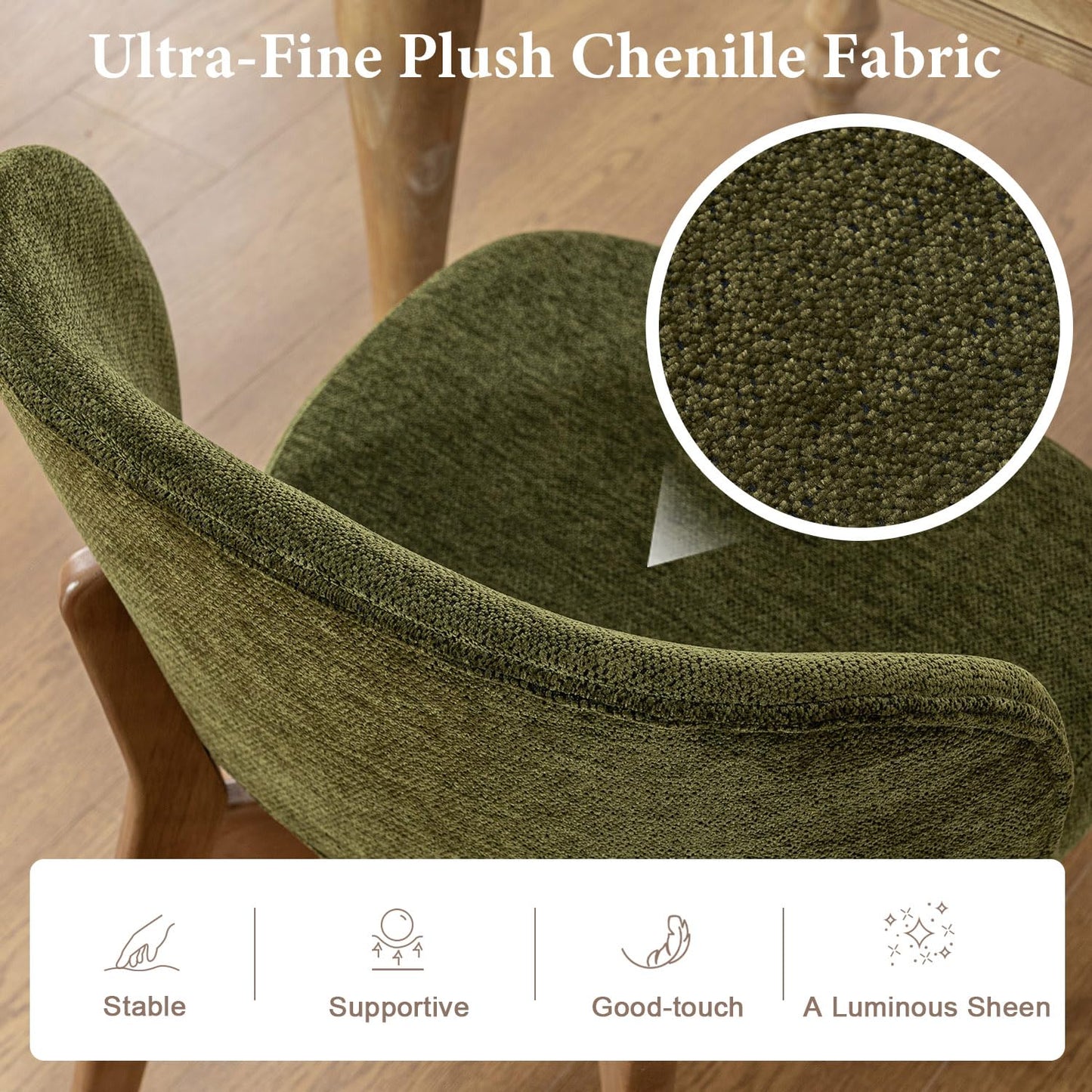 YOUNUOKE Upholstered Dining Chair, Modern Chenille Fabric Dining Room Chair with Wood Legs, Widen Backrest Comfy Side Kitchen Chairs, Green (Single Pack)