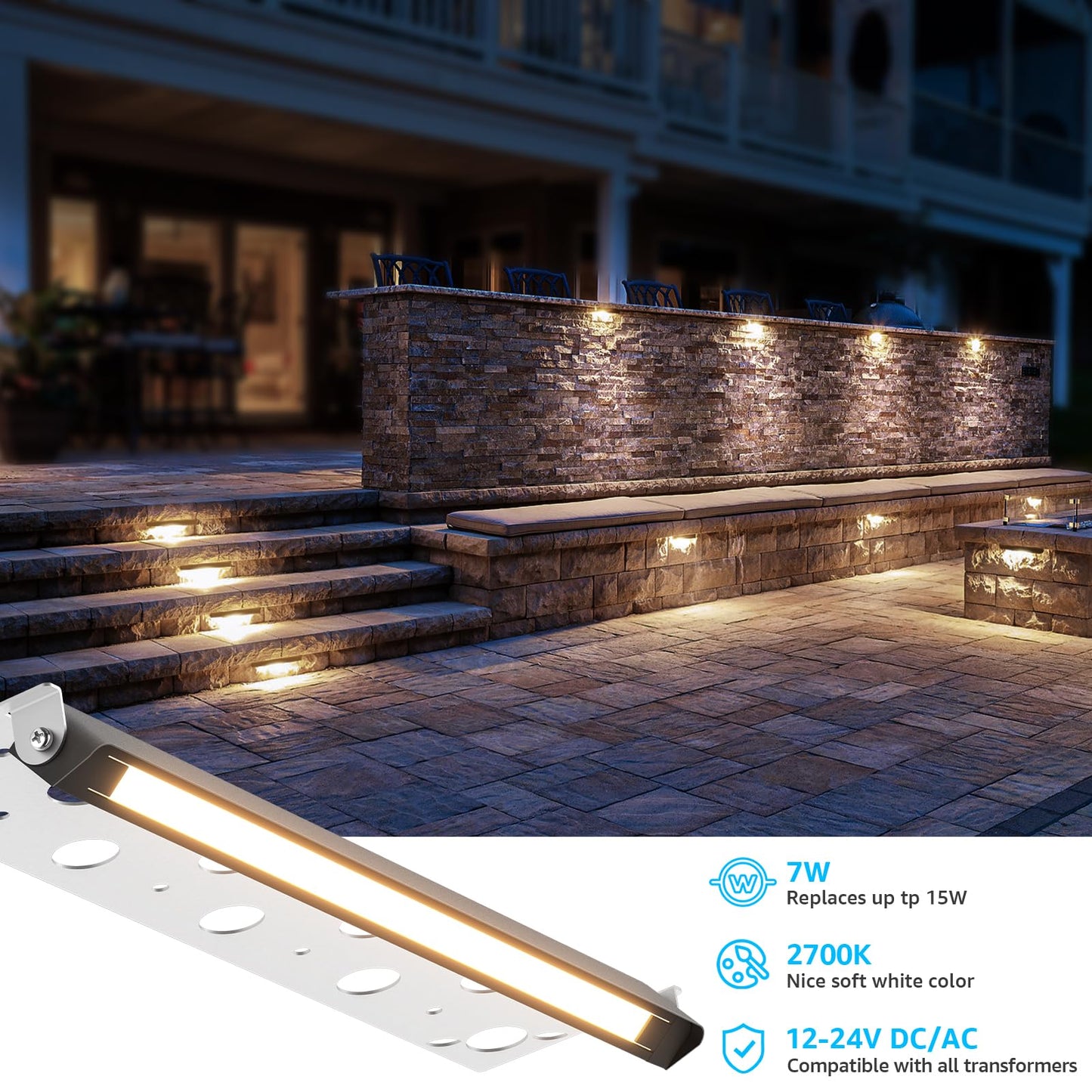 SUNVIE LED Hardscape Lighting, 12 Inch, 7W, Waterproof, 2700K Soft White, Matte Black, Model CLWF0712C, 12 Pack