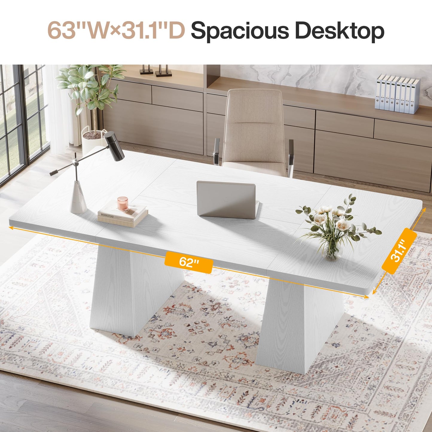 Tribesigns 63-Inch Executive Desk, Large Office Computer Desk with Double Pedestal, Modern Simple Workstations Writing Table Conference Table Business Furniture for Home Office, White