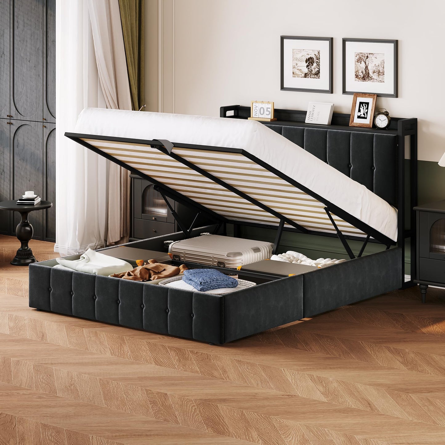 IDEALHOUSE Full Bed Frame with Lift Up Storage, Upholstered Velvet Bed with Storage Headboard, Metal Platform Bed, Button Tufted Headboard, No Box Spring Needed, Solid Wooden Slats, Black