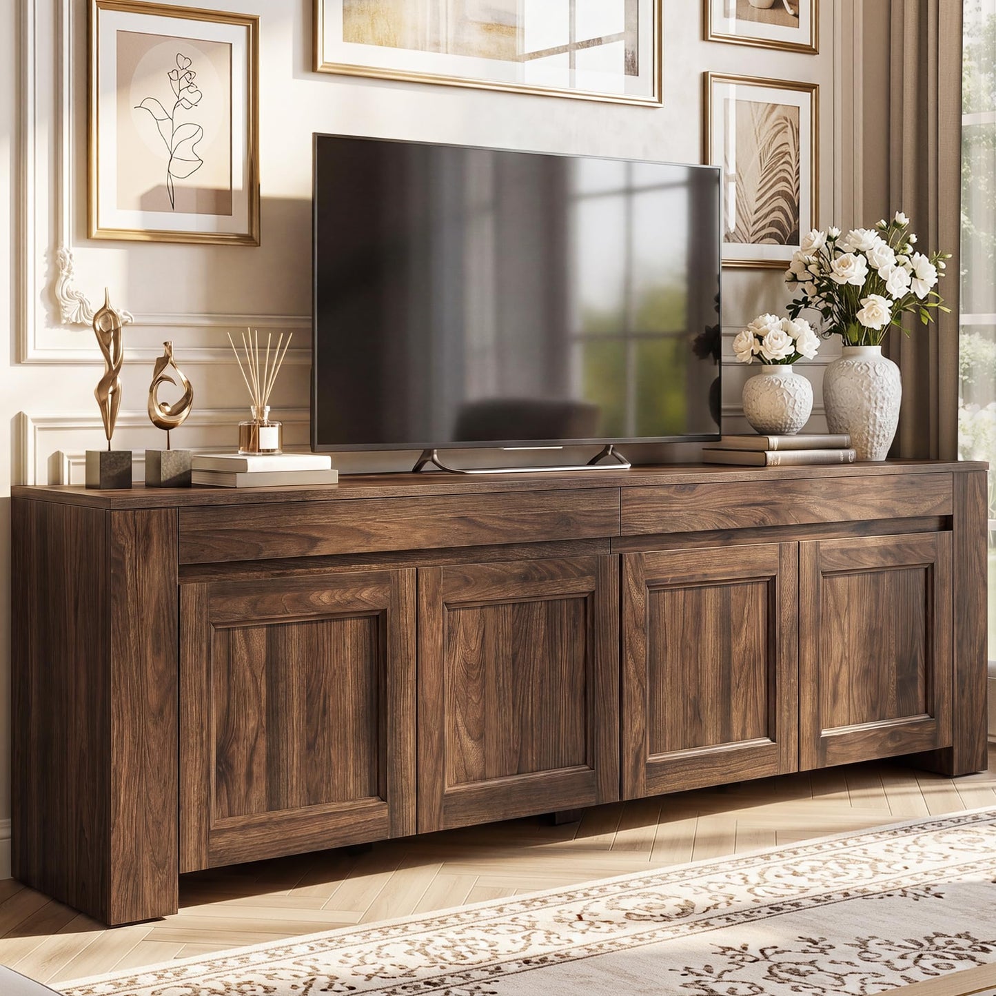 YITAHOME 70 inch TV Stand for up to 80 inch TVs, Farmhouse Entertainment Center with Storage Doors and Shelves, Media Console Table with Cable Holes for Living Room, Dark Walnut