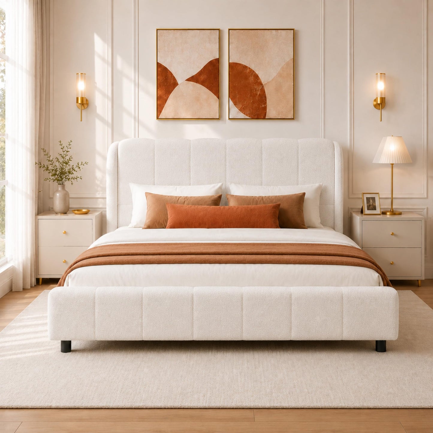 Merax King Size Boucle Upholstered Platform Bed Frame, Curve-Shaped Rounded Headboard, Box Spring Not Required, Soft Plush Fabric Bed for Master Bedroom, Guest Room, Beige