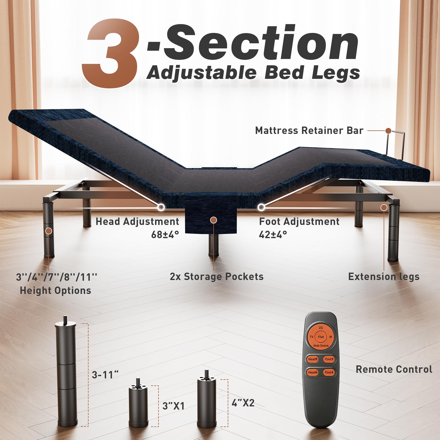 Zhumeiling Patented Design King Adjustable Bed Frame with Wireless Remote, Head & Foot Incline, Quiet Motor, Zero Gravity & Anti-Snore, Leg Height Options, Designed for Bedroom, Seniors Care