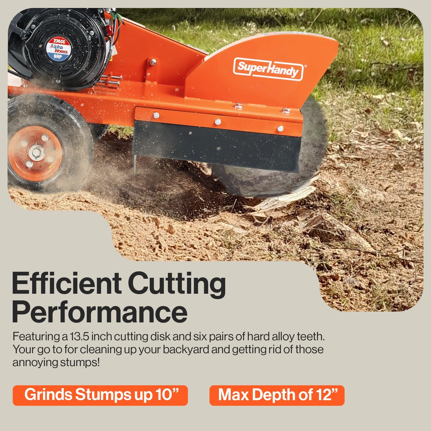 SuperHandy Gas-Powered Stump Grinder with 9HP Engine, Direct Belt Drive, 12-Inch Cutting Depth, 6 Durable Carbide Teeth – Compact and Lightweight