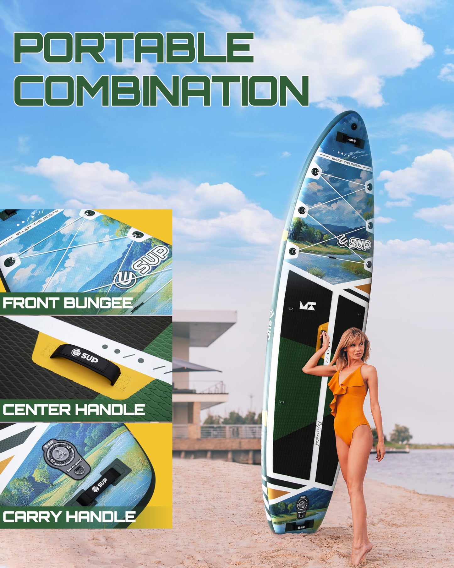ESUP 11’6 ×34" Wide Inflatable Paddle Board with SUP Accessories, Extra Stable Stand Up Paddleboard for 2+1 Persons/Family/Beginner/Yoga, w/Shoulder Strap All-Round Sup Paddle Boarding (Greenery)