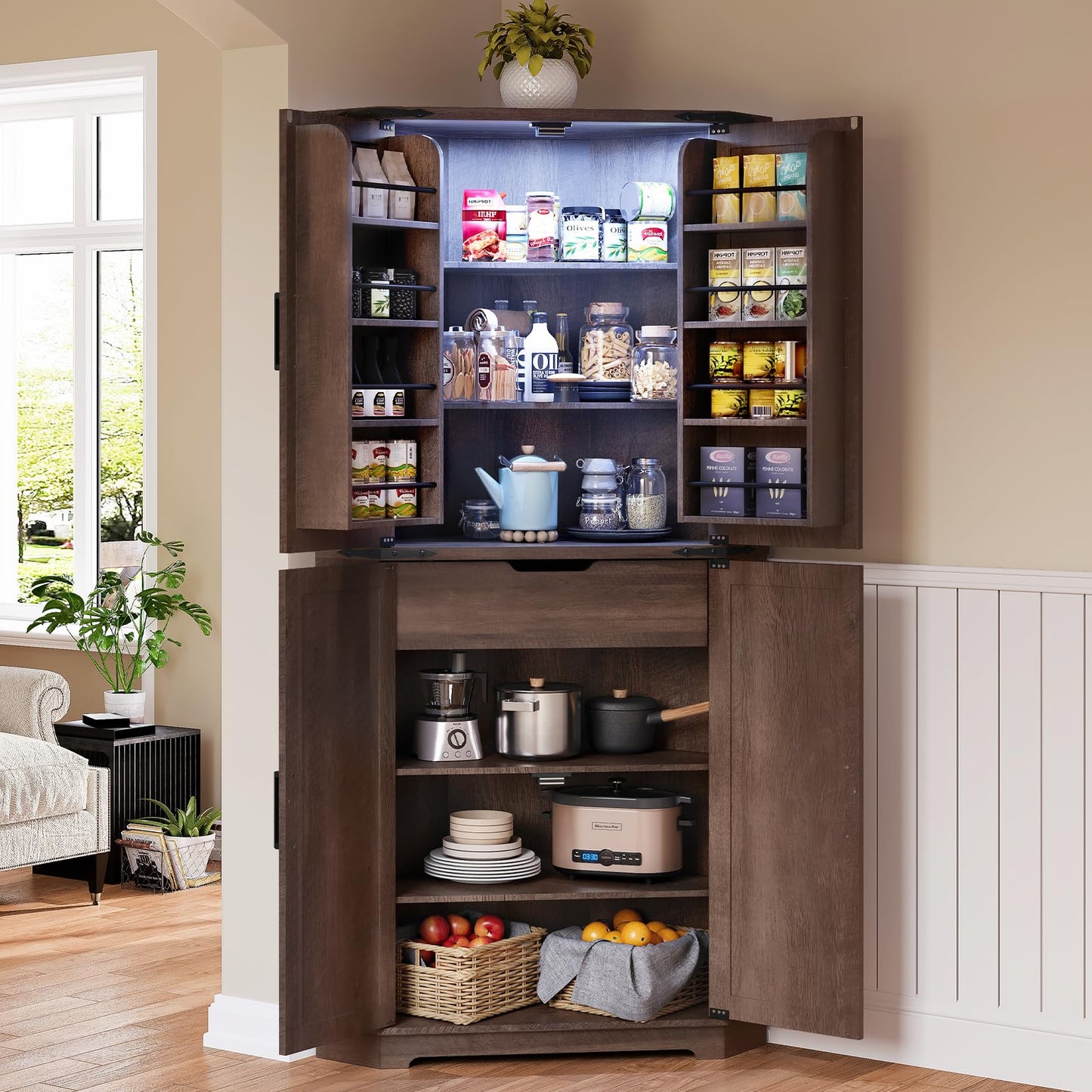 Dripex 71" Brown Farmhouse Corner Pantry Cabinet with LED Light, Tall Storage Cabinet with Doors & Adjustable Shelves, Food Pantry for Kitchen, Living Room, Dining Room