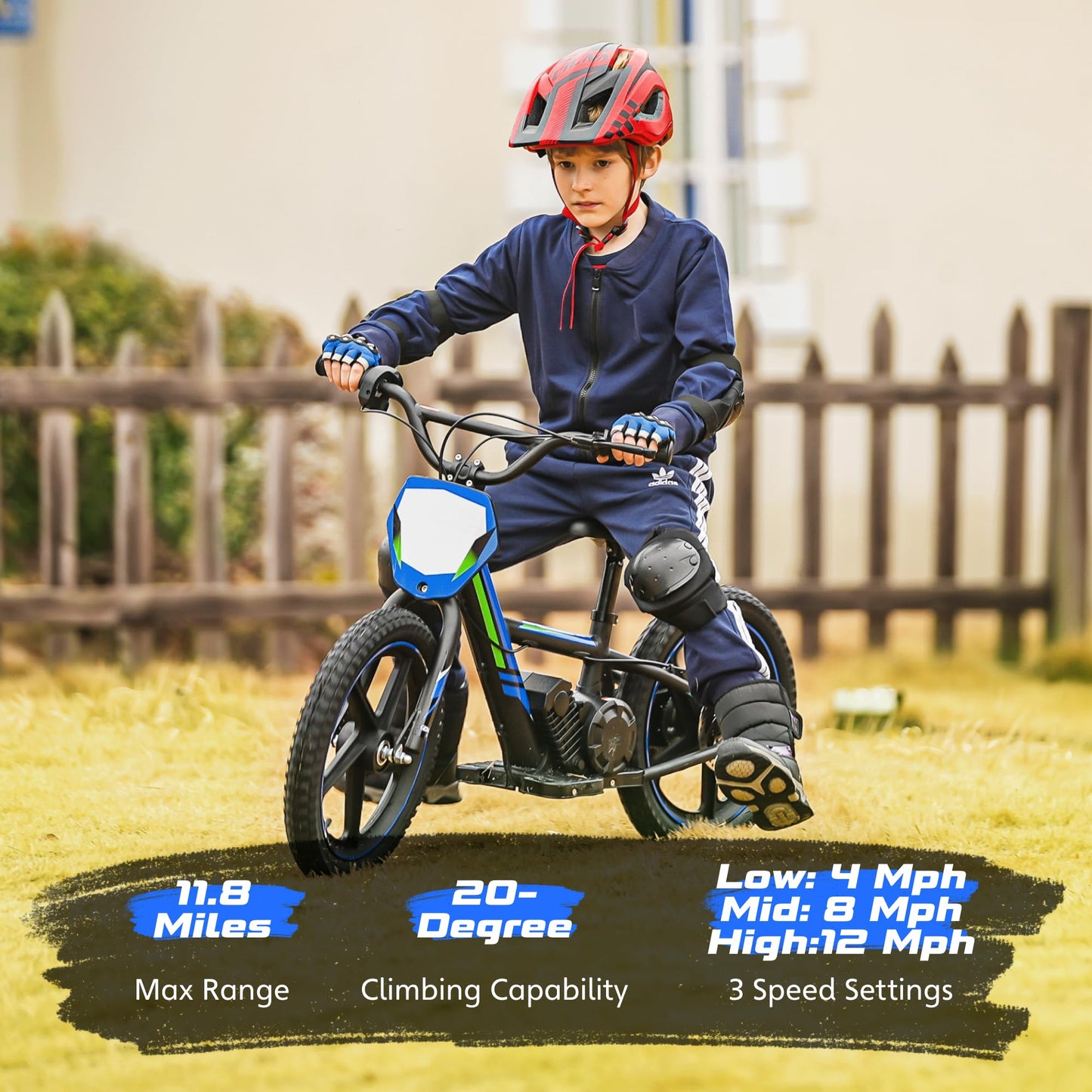 OLALA Electric Dirt Bike for Kids Aged 5-10, 340W Racing Grade Electric Motorcycle with Aluminum Frame, Up to 12MPH & 3 Speed Settings, Safe Disc Brakes, 16IN Knobby Tires