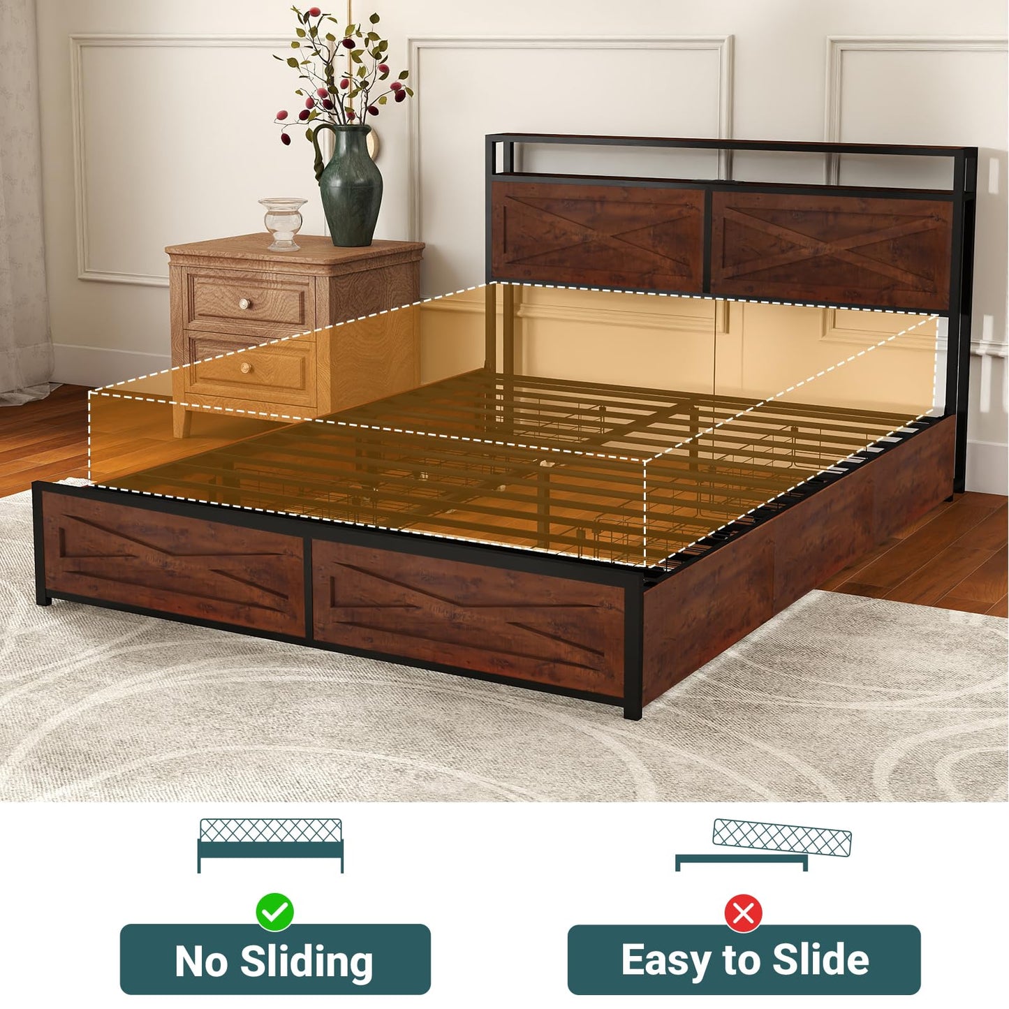 Zevemomo Full LED Bed Frame with 6 Storage Drawers, Farmhouse Headboard w/Charging Ports Station, Full-Size Platform Bed Frame No Box Spring Needed, Metal Structure & Wood Boards, Rustic Bed Frames