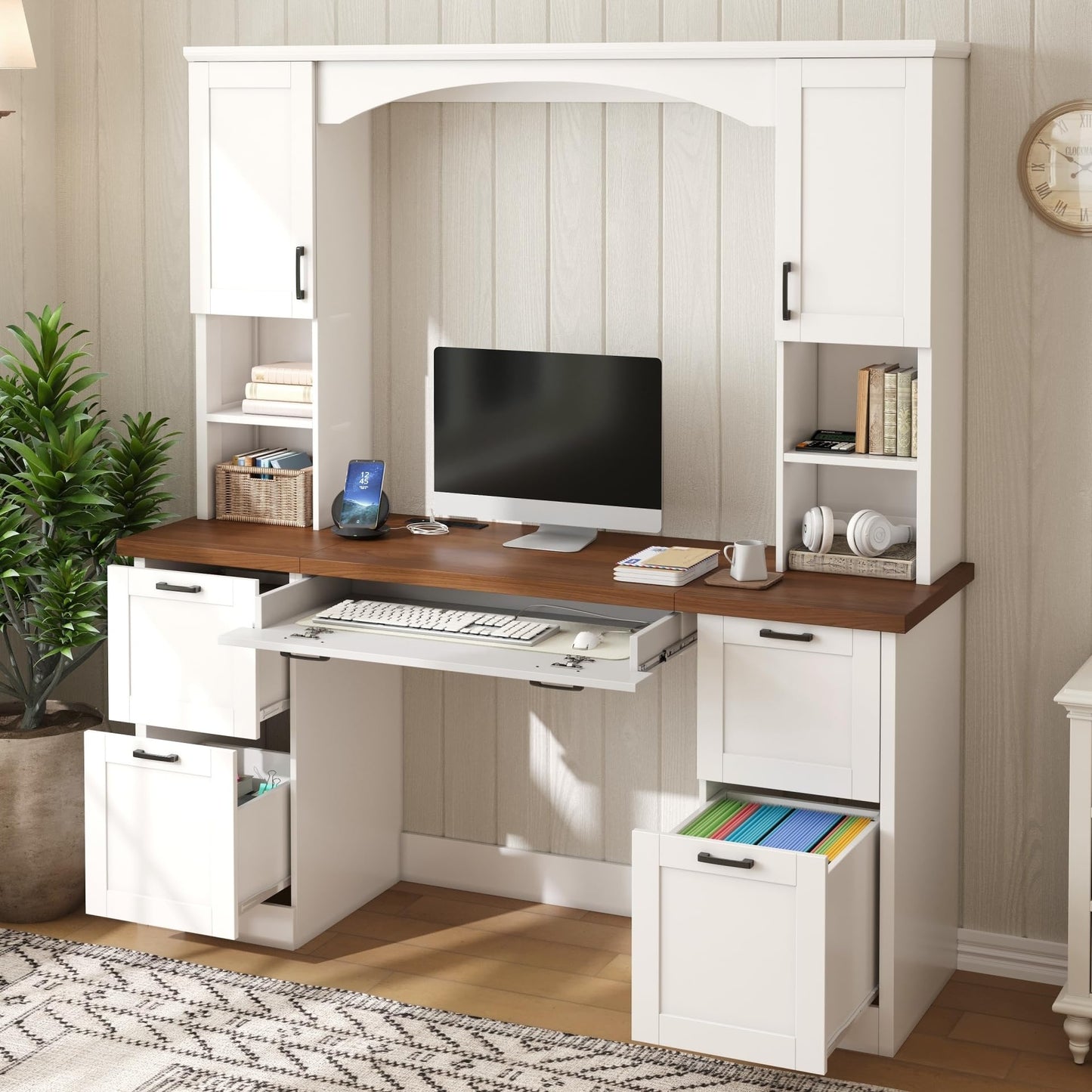 Merax Farmhouse Arched 67" Computer Desk with Power Outlets & Keyboard Tray, Wood Executive Home Office Desk with Hutch, Writing Desk with Storage Drawers for Working Study, White
