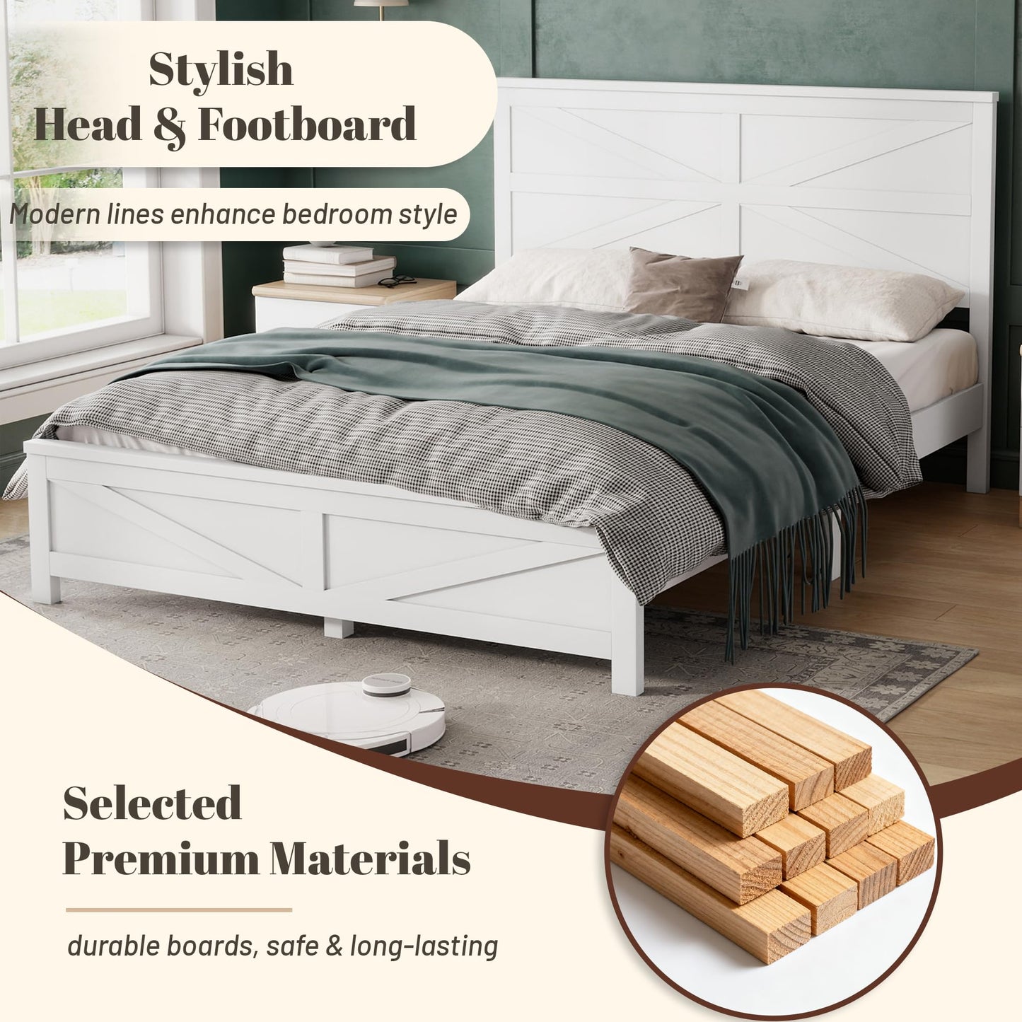 KEIKI Farmhouse Queen Size Platform Bed Frame with Headboard and Footboard, Pinewood Bed Platform with Slat Support, No Box Spring Needed Bedframe, Under-Bed Storage, Barn Door Designed