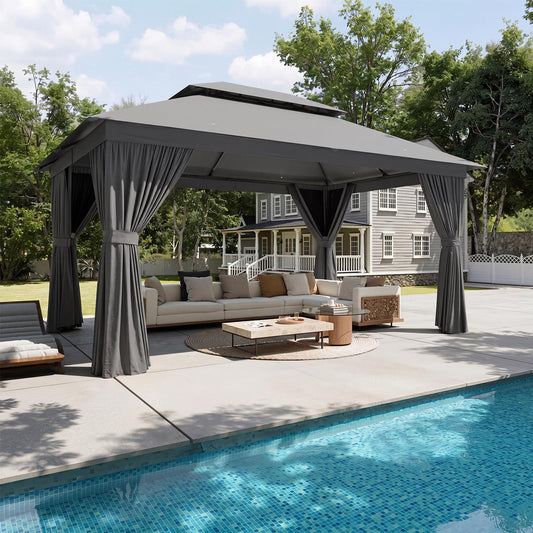 Aoxun Outdoor Gazebo for Patio 10x12, Metal Frame Canopy with Double Roofs, Heavy Duty Party Tent and Shelter with Mosquito Netting and Privacy Screen for Backyard, Lawn, Garden, Deck