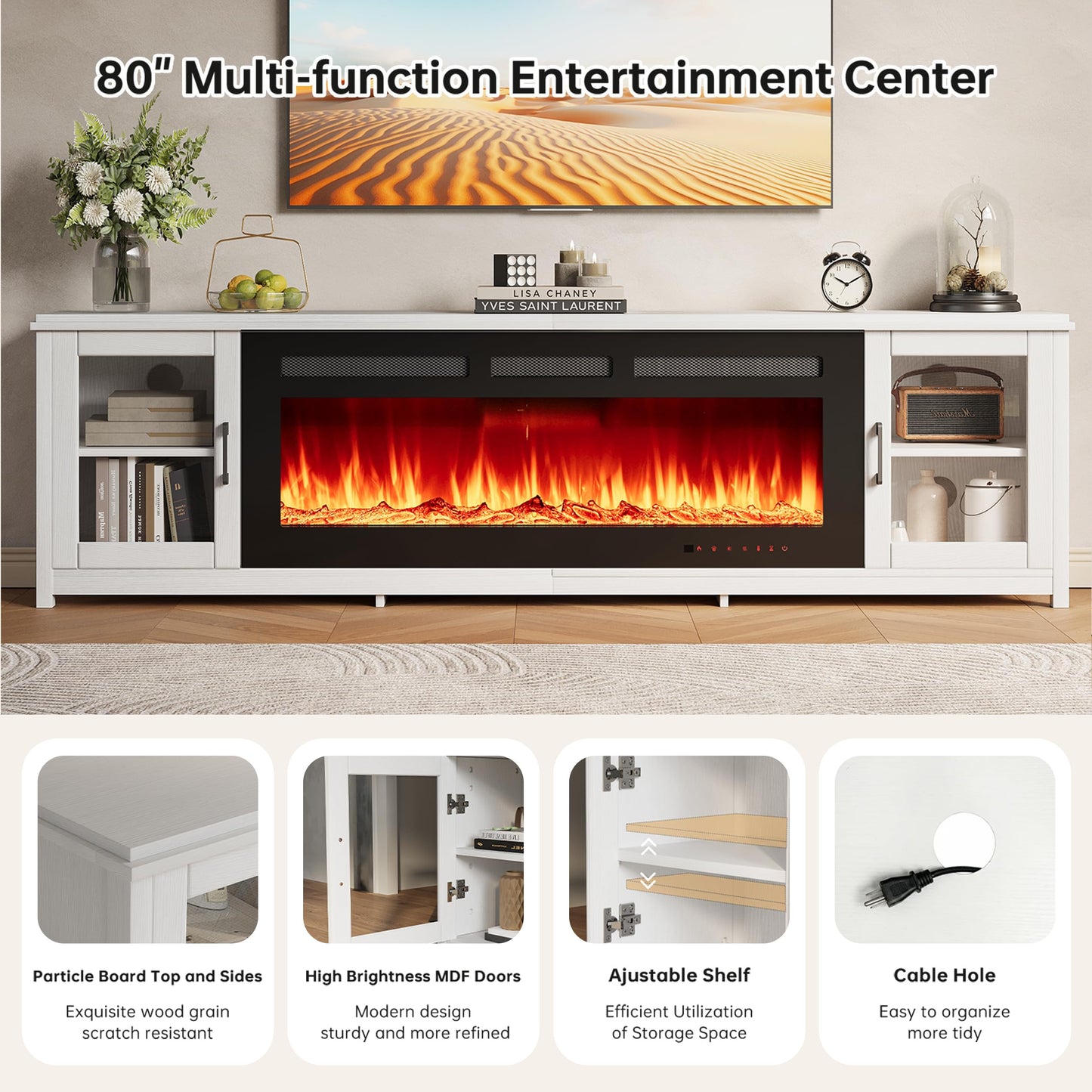 OneBlis 80" Fireplace TV Stand, Modern Entertainment Center with 50" Electric Fireplace, TV Console for Living Room, Fits TVs Up to 90", White & Black
