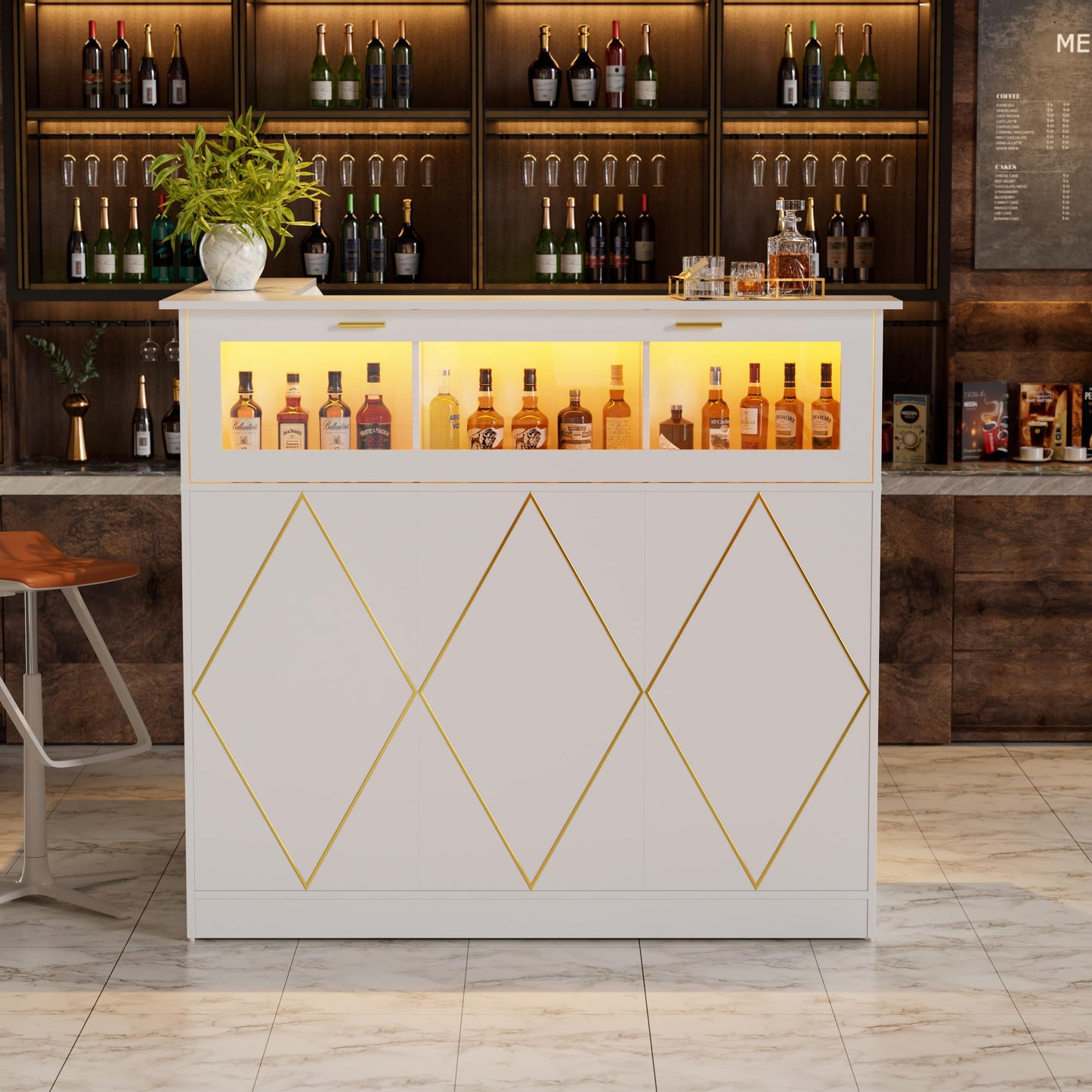 PAKASEPT Reception Desk with LED Lights, L-Shaped Modern Front Desk with Glass Display Shelf, Reception Counter Table for Lobbies, Salons, Retail, Home Offices (White)