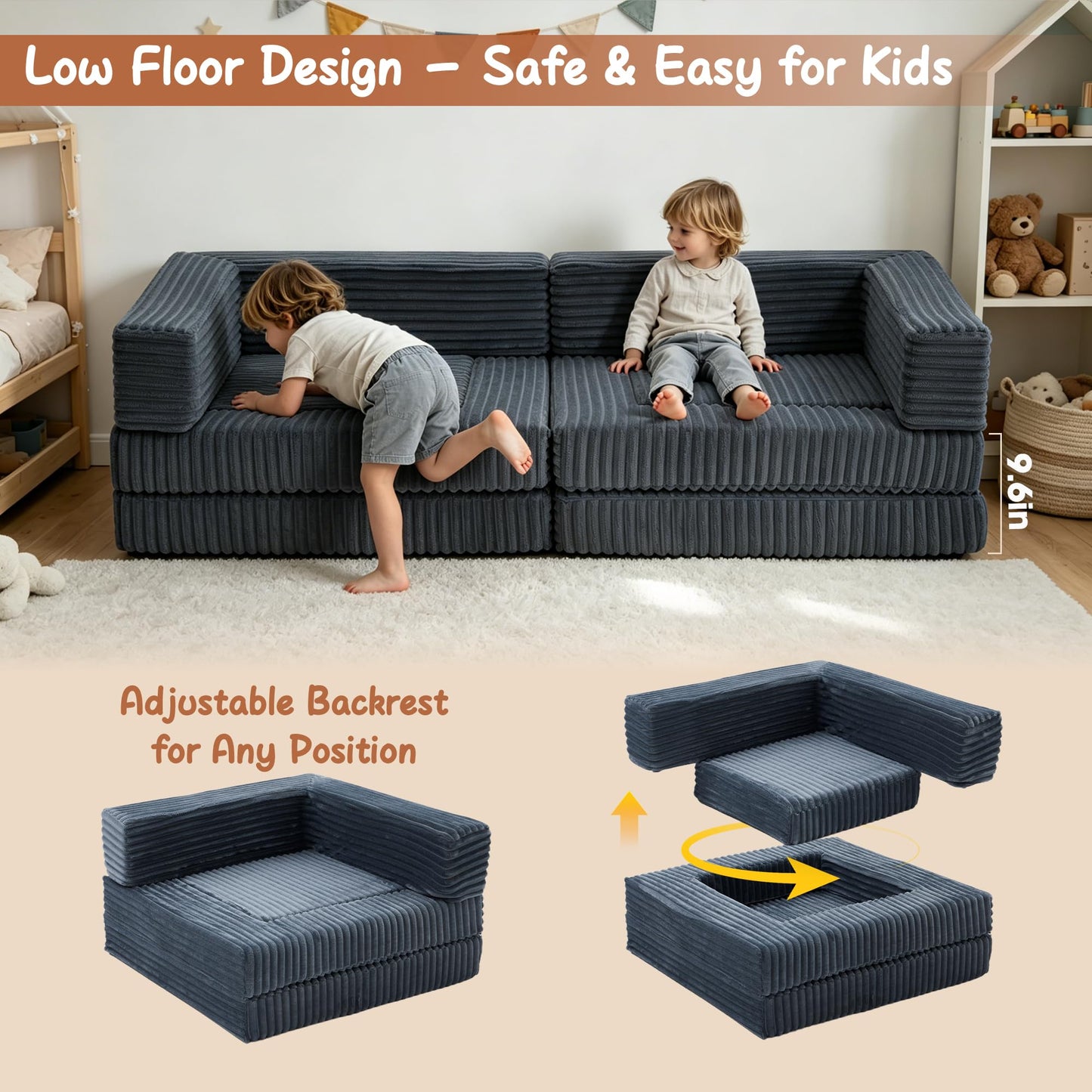 Umoving 2PCS Modular Floor Sofa Set, Convertible Sofa Bed with Adjustable Backrest, Family Seating for Kids, Teens & Adults, Lounge Couch for Gaming, Reading & Relaxing, Grey