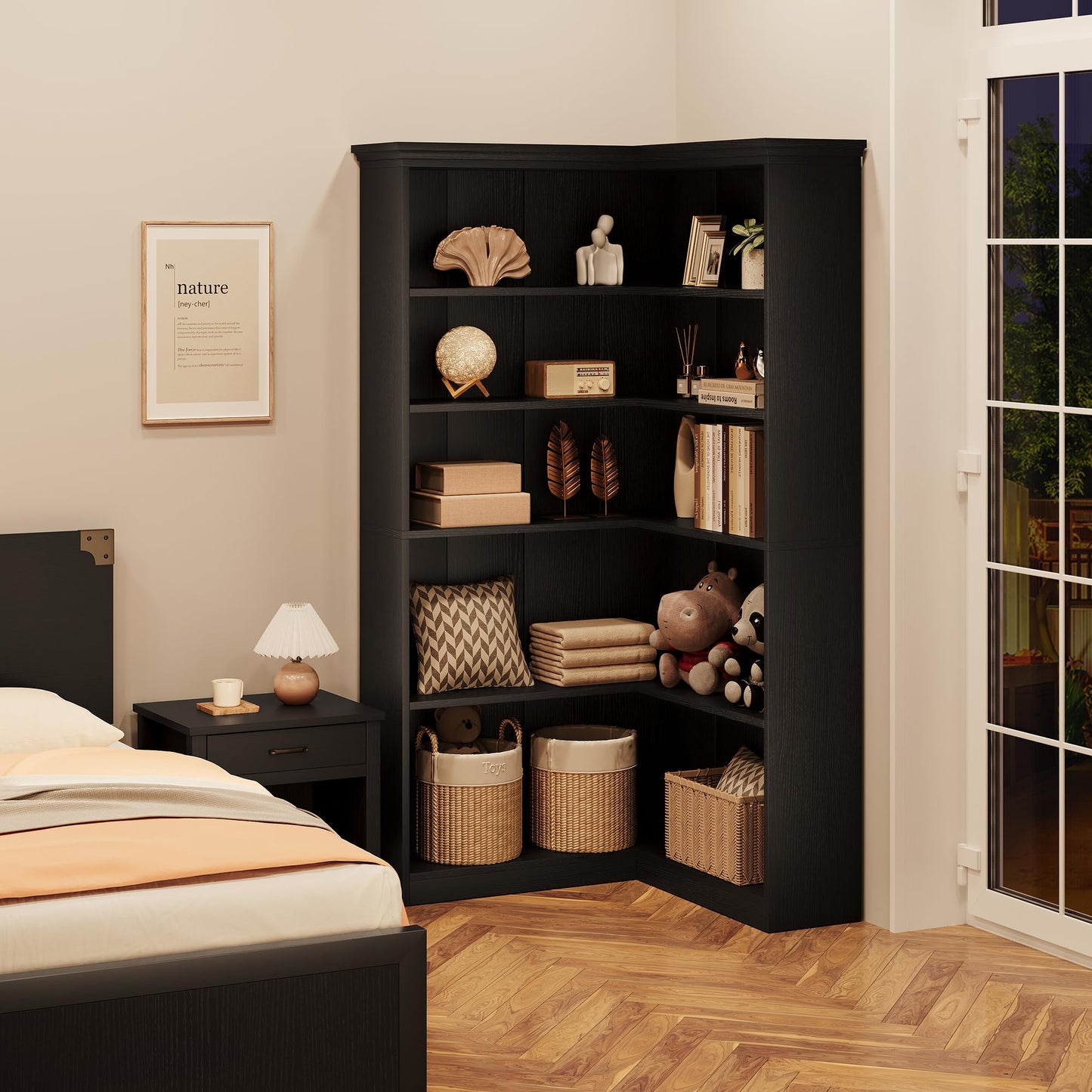 IDEALHOUSE Corner Bookshelf 72.8in Farmhouse Bookcase Large Bookshelf Wood Bookcase Tall 5 Tier Corner Shelf L Shaped Bookshelfs Storage Display Rack Living Room Bedroom (Black Full Panel)