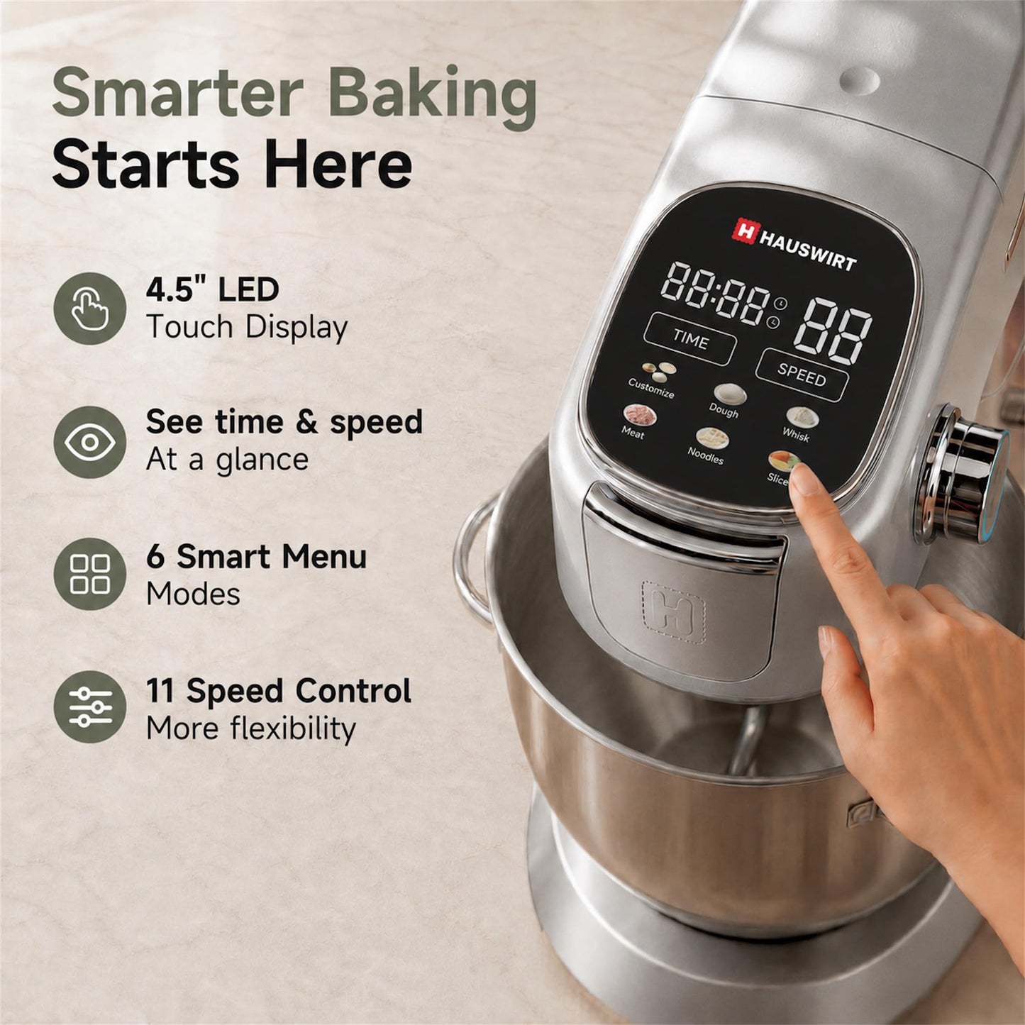 Hauswirt Stand Mixer 6QT XL Large, 4.5" LED Touch Screen Electric Household Stand Up Mixer, Full Metal Structure Standing Mixer 11-Speed, Dough Cake Bread Mixer – Silver