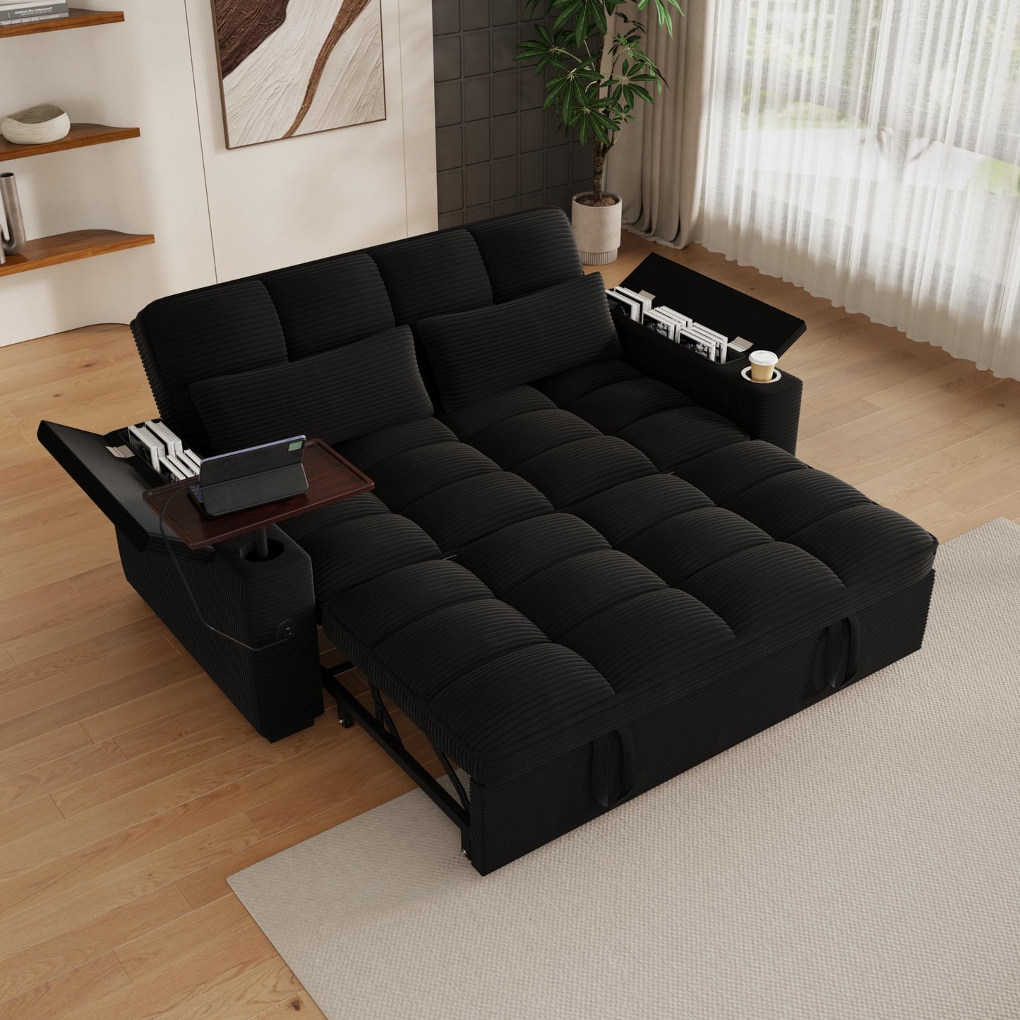 KEIKI 65" 3-in-1 Convertible Sofa Bed with 360° Swivel Table, Pullout Sleeper for Living Room, Small Space Apartment, Modern Textured Corduroy Upholstery, USB Charging, Storage Armrests