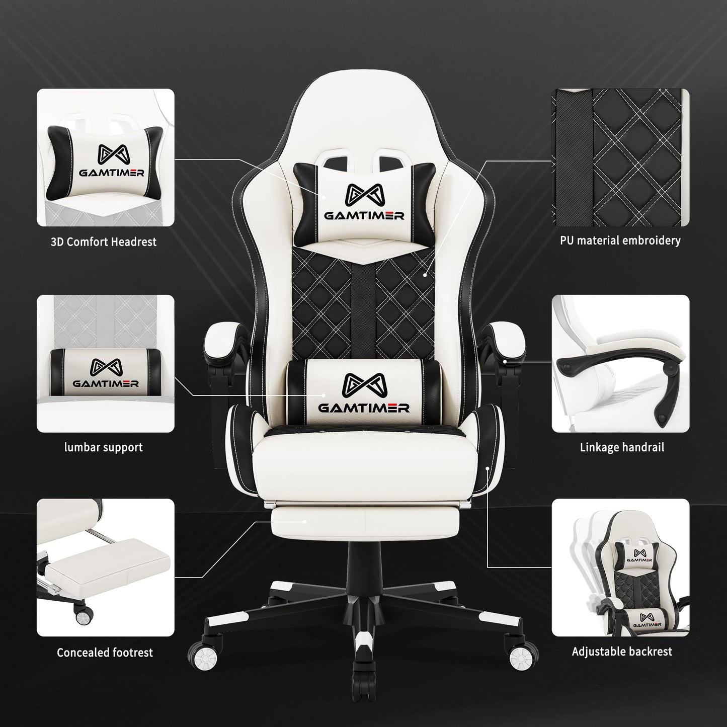Gaming Chair, 400 lbs Adult Chair, High Back Computer Chair with Footrest and Linked Armrests, Office Video Game Chair with Lumbar Support (White)