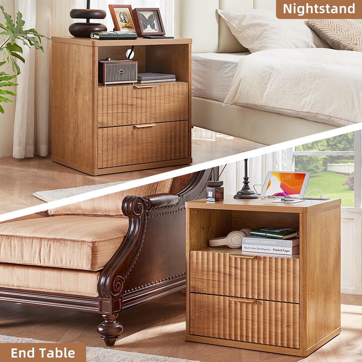 LEYAOYAO Fluted Farmhouse Nightstand Set of 2 with Charging Station, 23" Wide 2 Drawers End Table,Brown Dresser for Bedroom,Bed Side Table Chest of Drawers Cabinet,Wood Night Stand for Living Room
