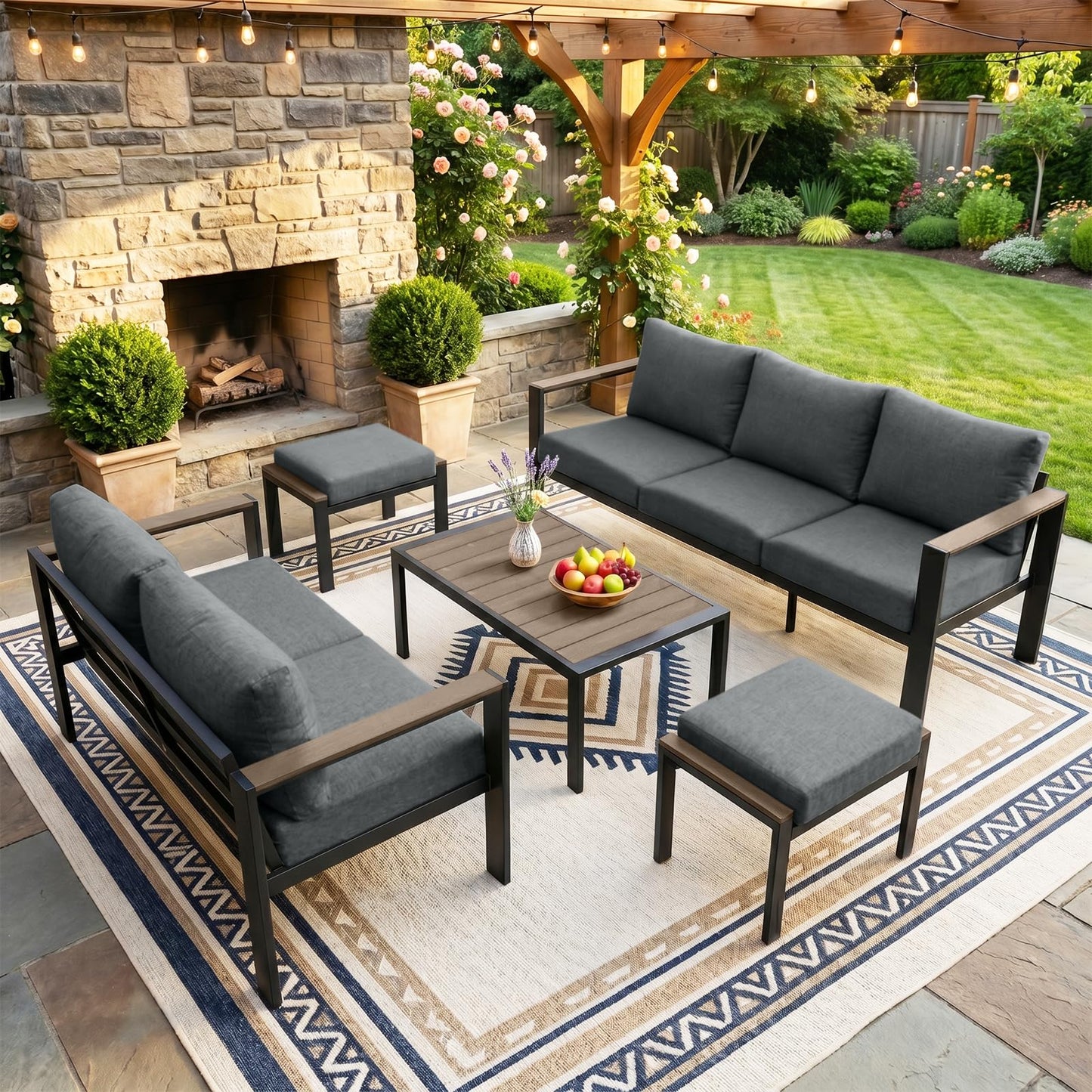 SAILARY Outdoor Patio Furniture Set 5 Pieces Luxury Aluminum Patio Conversation Set with Coffee Table and 2 Ottoman 7 Seats, Thick Cushions, Large Sectional Sofa for Porch, Balcony, Deck, Yard, Gray