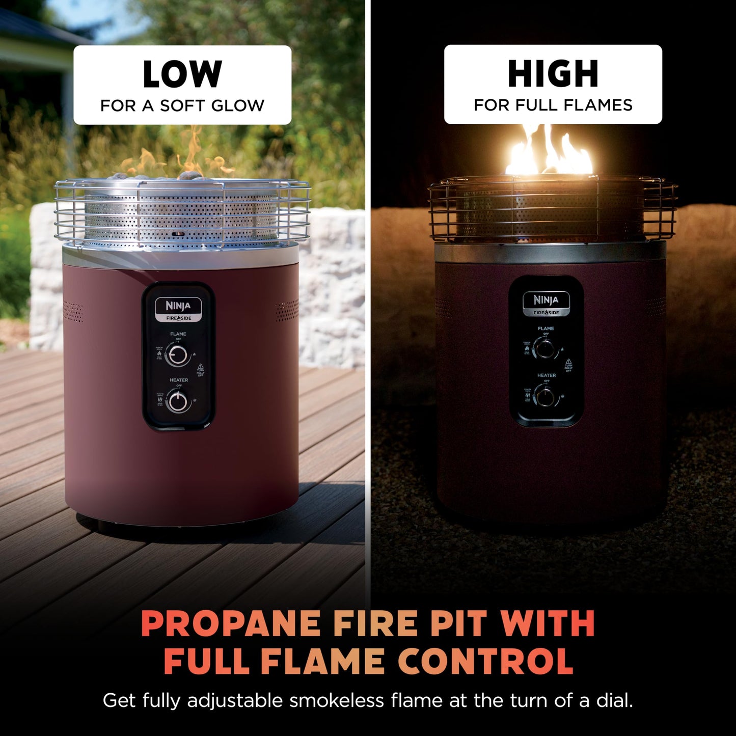 Ninja Fireside360™ Outdoor Heater & Fire Pit | 3 Modes: Flame, Heat, Flame & Heat | Portable for Patio, Deck, Camping, Beach | Easy Control Smokeless Flames | Push to Start Ignition | Maroon | OF101RD