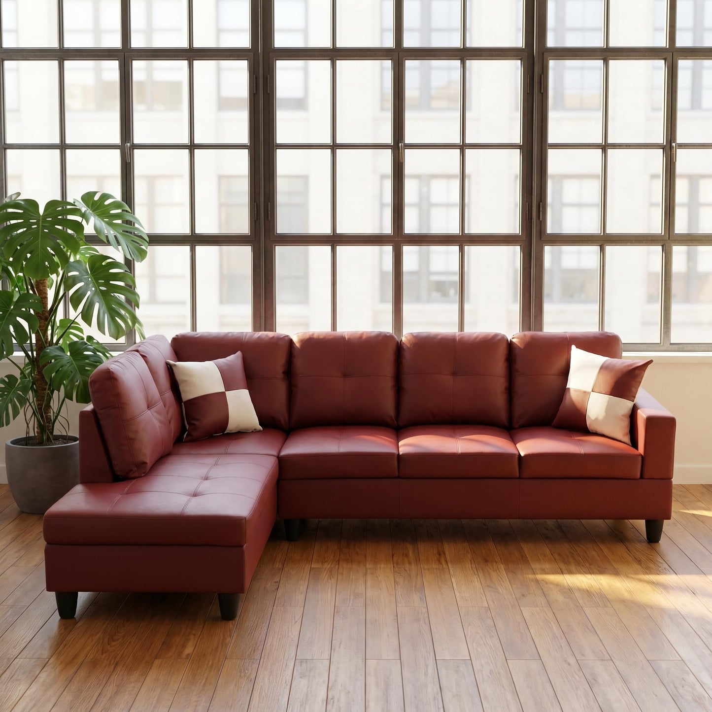 Trygoal L-Shaped Sectional Sofa, Modern 4-Seat Couch with Left Facing Chaise, Leather Sectional Couch for Living Room, Apartment, Office, Dark Red