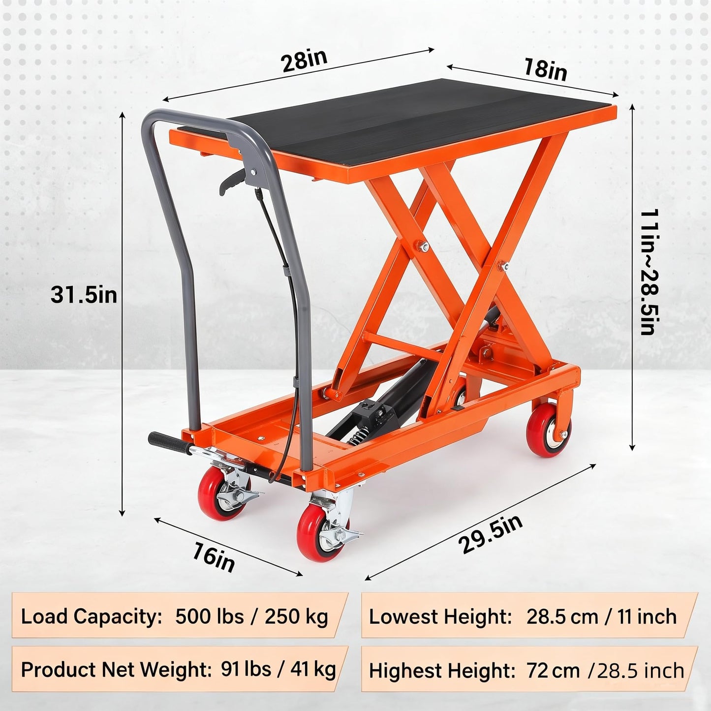 Garvee Hydraulic Lift Table Cart, 500 LBS Capacity 28.5 in Lifting Height Single Scissor Lift Table with 4 Swivel Wheels & Non-Slip Pad, for Material Handling and Transportation, Orange