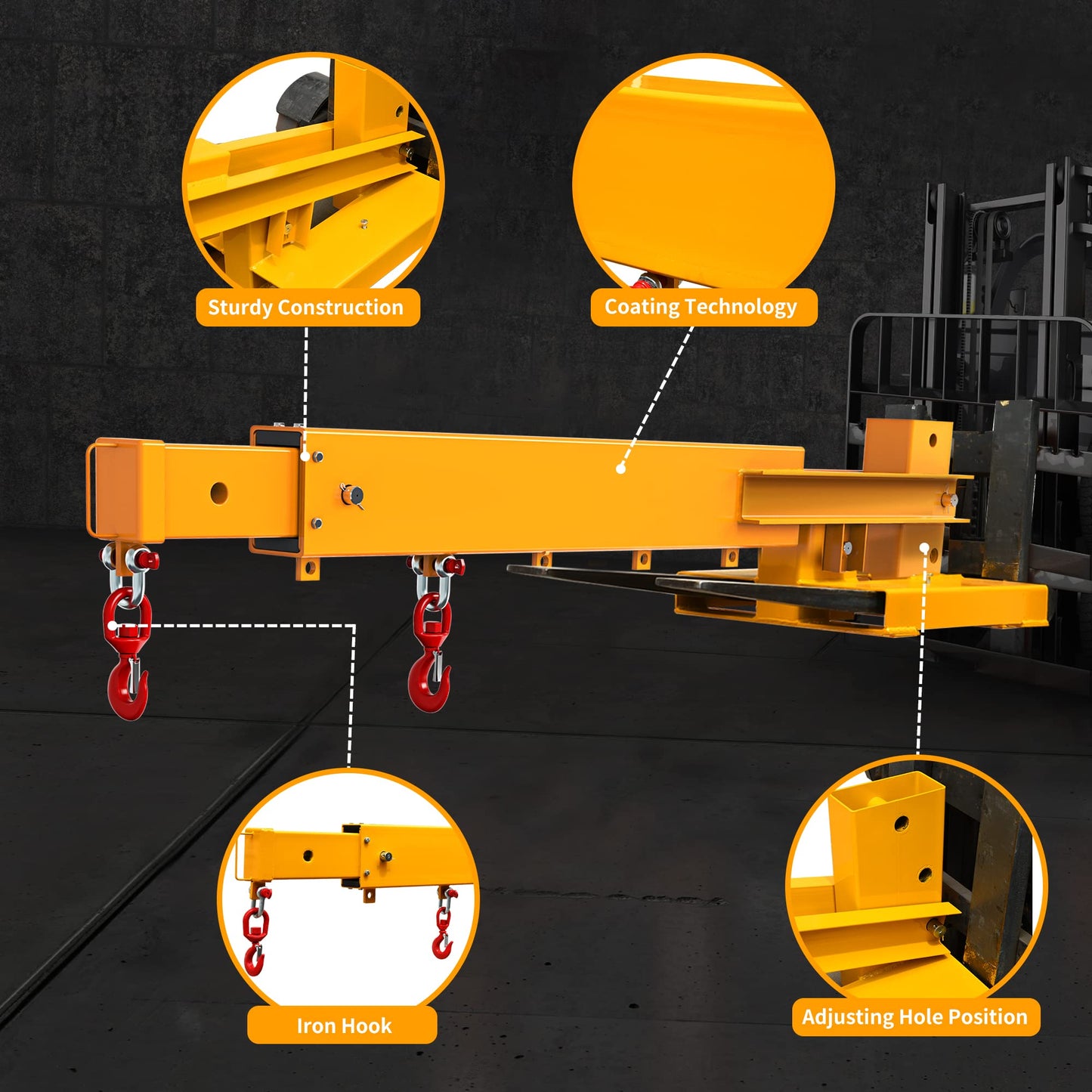 YINTATECH Forklift Mobile Crane 6000lbs/3T Capacity,Adjustable Hoist Pivoting Forklift Jib Boom Crane Forklift Lifting Attachment 2 Hooks Hoisting Attachment for Forklift