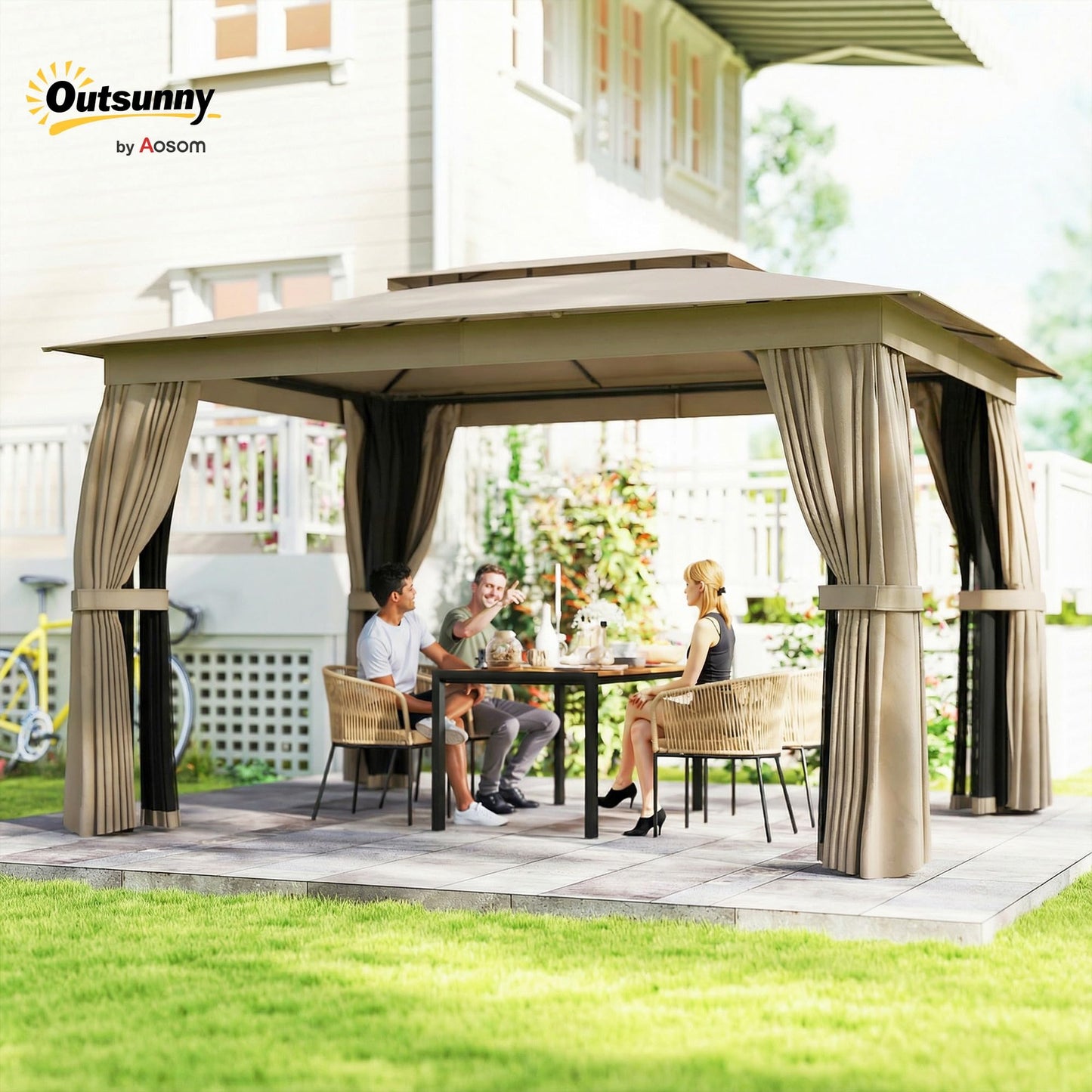 Outsunny 10' x 12' Outdoor Patio Gazebo, Heavy Duty Gazebo Canopy Shelter with Double Roof, Curtains, Netting, Steel Frame, UPF30+ Protection, Ceiling Hooks for Lawn, Backyard, Deck, Khaki