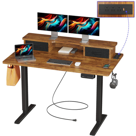 JOISCOPE 48 Inch Electric Standing Adjustable Height Desk with USB & Type-C Outlet, Home Office Computer Gaming Desk with Display Riser and Double Drawer, Sit Stand Desk, Vintage Oak