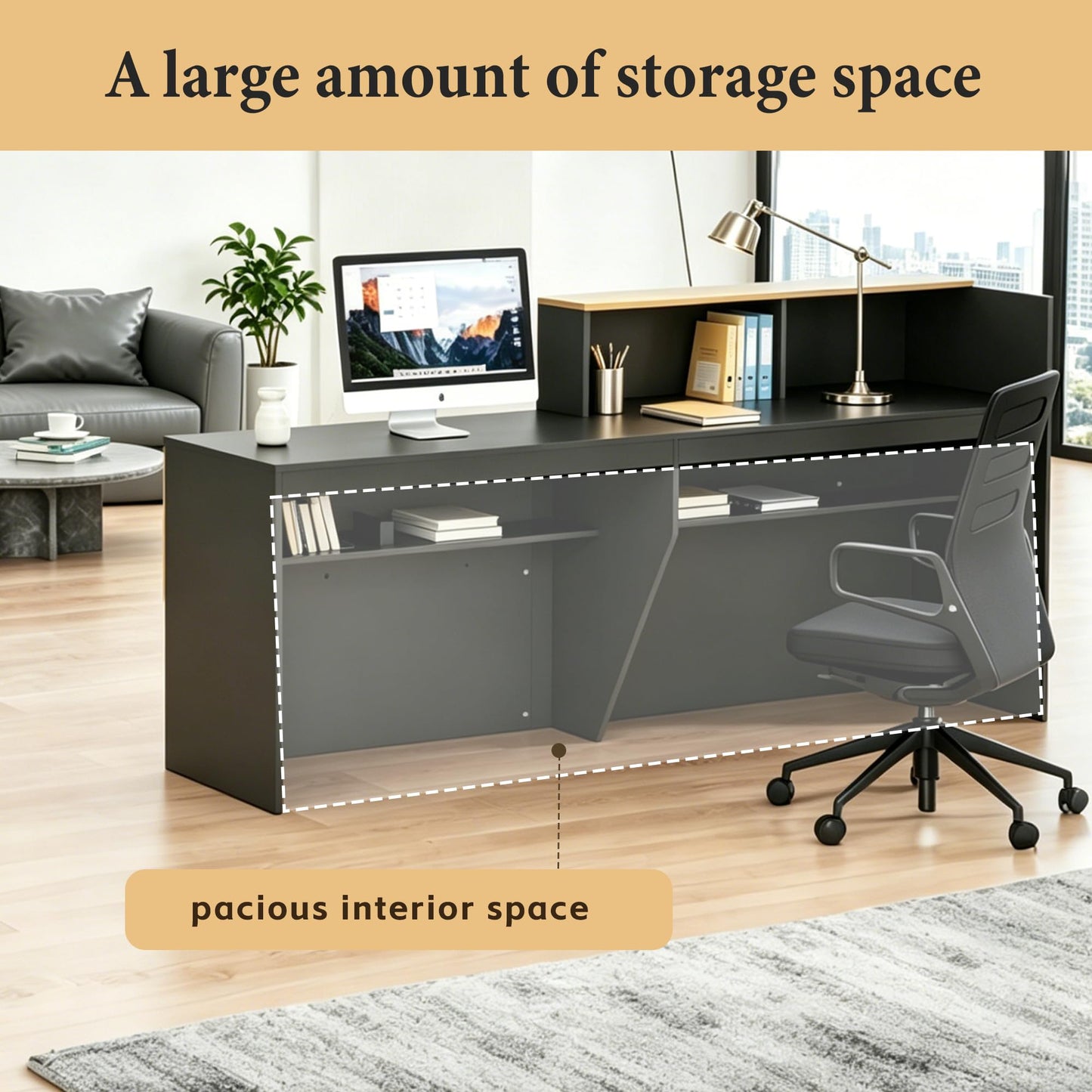 NBEETISM Black L-Shaped Reception Desk – 87 Inch Commercial Front Counter with Storage Rack & Cable Grommet, Heavy Duty Receptionist Desk for Office, Salon, Hotel Lobby