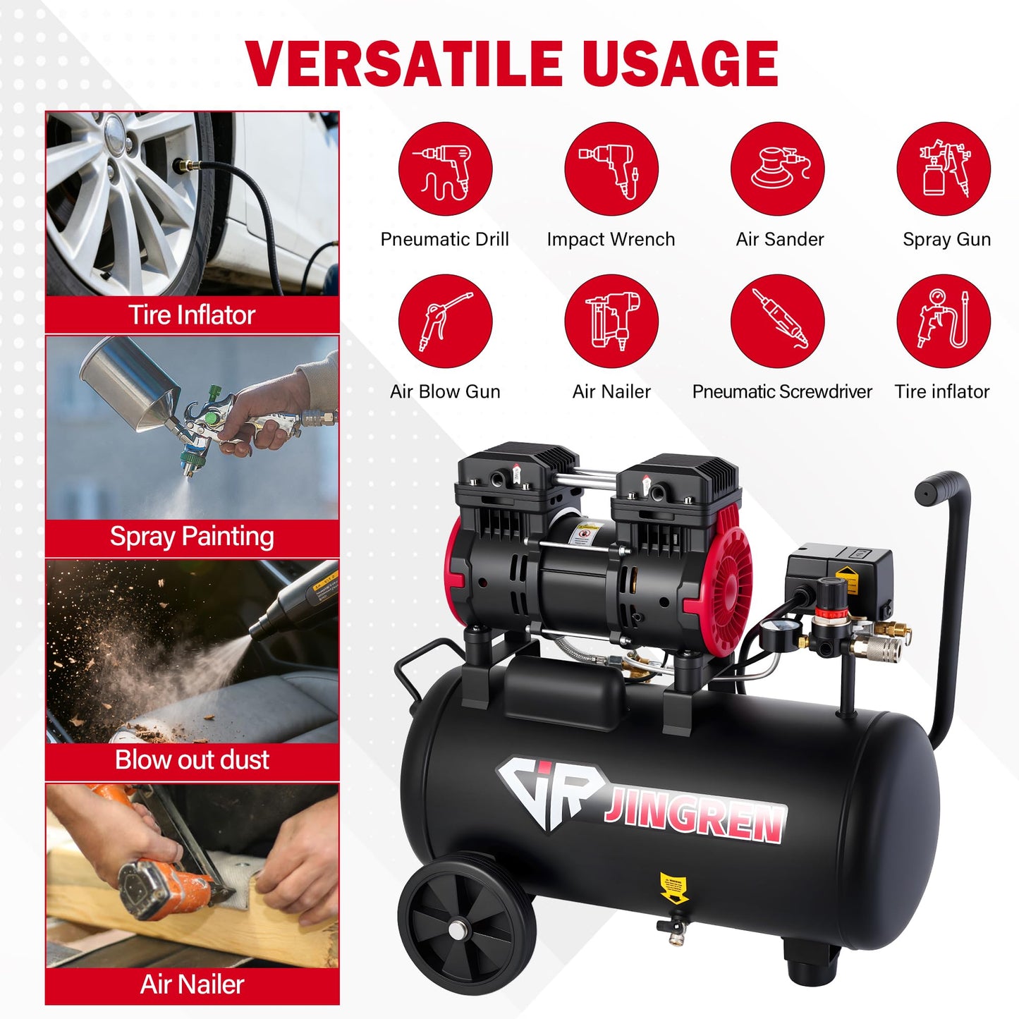 JIR JINGREN 8 Gallon Ultra Quiet Air Compressor, Steel Tank 2HP 4.2CFM, Max 120 PSI Oil-Free Air Compressor Tank, 68dB for Car Repair, Spray Painting, Woodwork Nailing（With Accessories Kit）