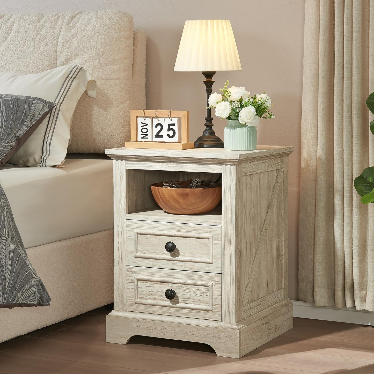 QUW Nightstand Set of 2 with Charging Station, Bedside Table with Open Storage and 2 Drawers, Side Table 18" Retro, End Table for Bedroom, Living Room, Washed Gray