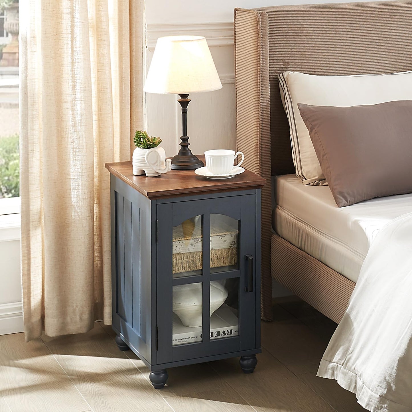 Narrow Side Table Set of 2,Farmhouse Nightstand with Charging Station,End Table with Glass Barn Door Storage, Cabinet Organizer with Adjustable Shelf, Night Stand for Small Spaces Living Room Bedroom