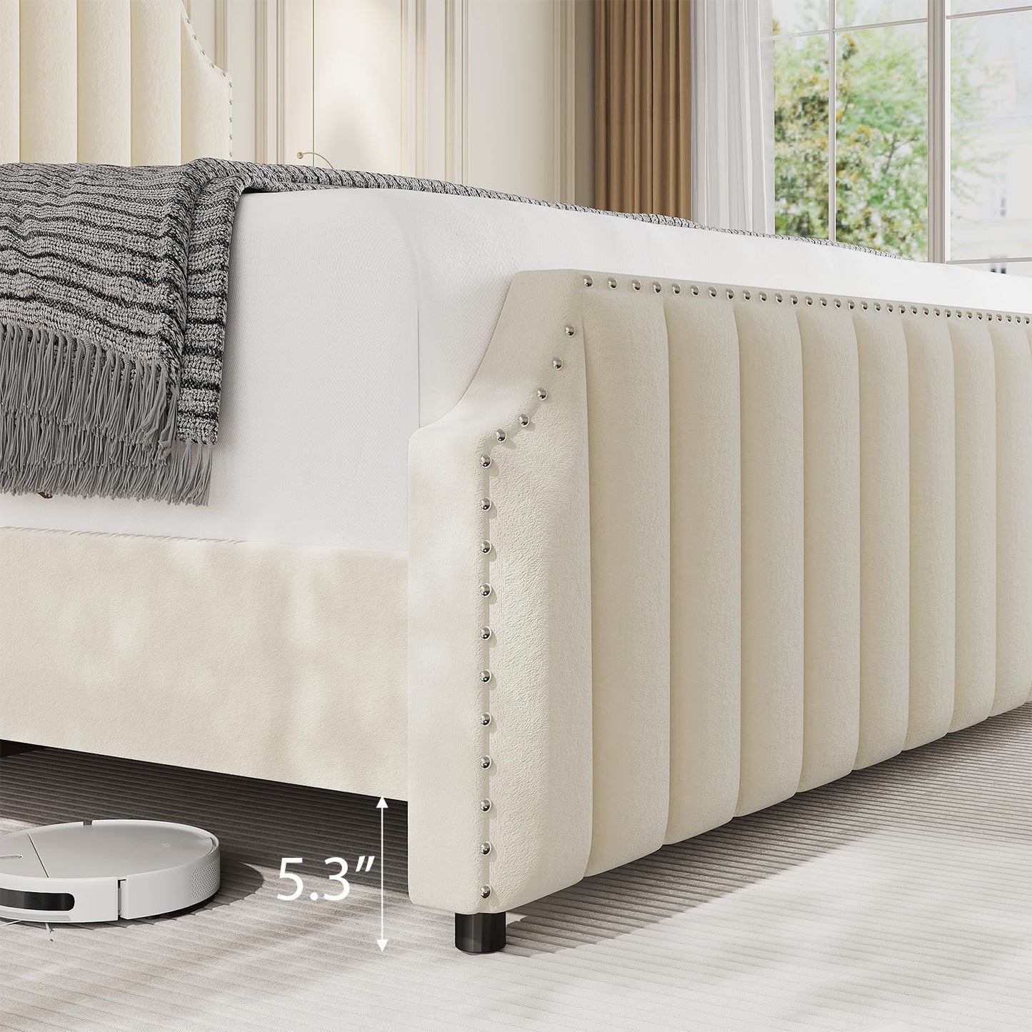 King Size Velvet Bed Frame, Vertical Channel Tufted 50.2" Tall Headboard and Footboard with Nailhead Trim, Upholstered Platform Bed, Strong Wooden Slats, No Box Spring Needed, Easy Assembly, Beige