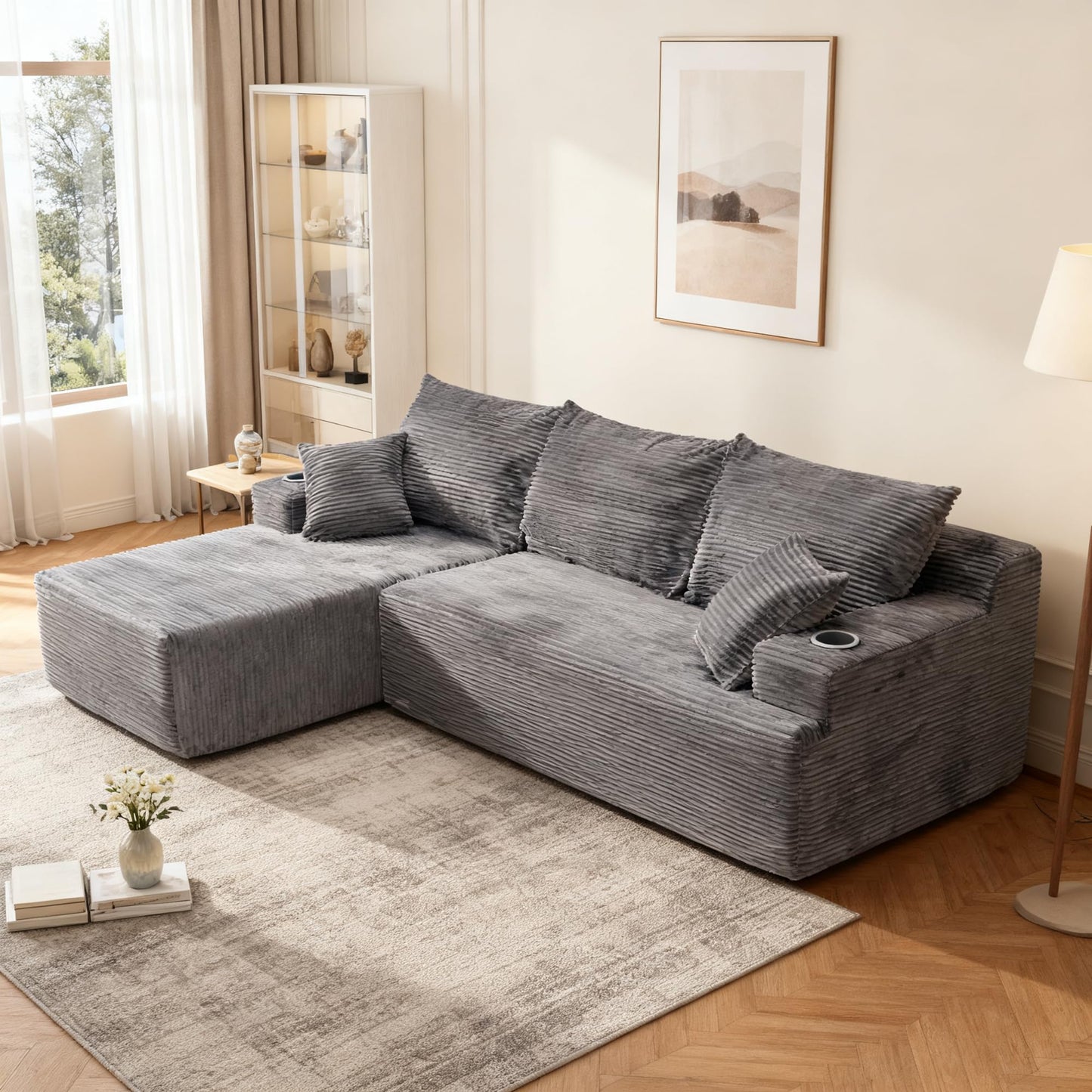 Eafurn 105" L-Shaped Compression Modular Sectional Sofa, Left Facing Corduroy Upholstered Boneless Couch in a Box with Chaise and 2 Cup Holders & Throw Pillows, No Assembly Required