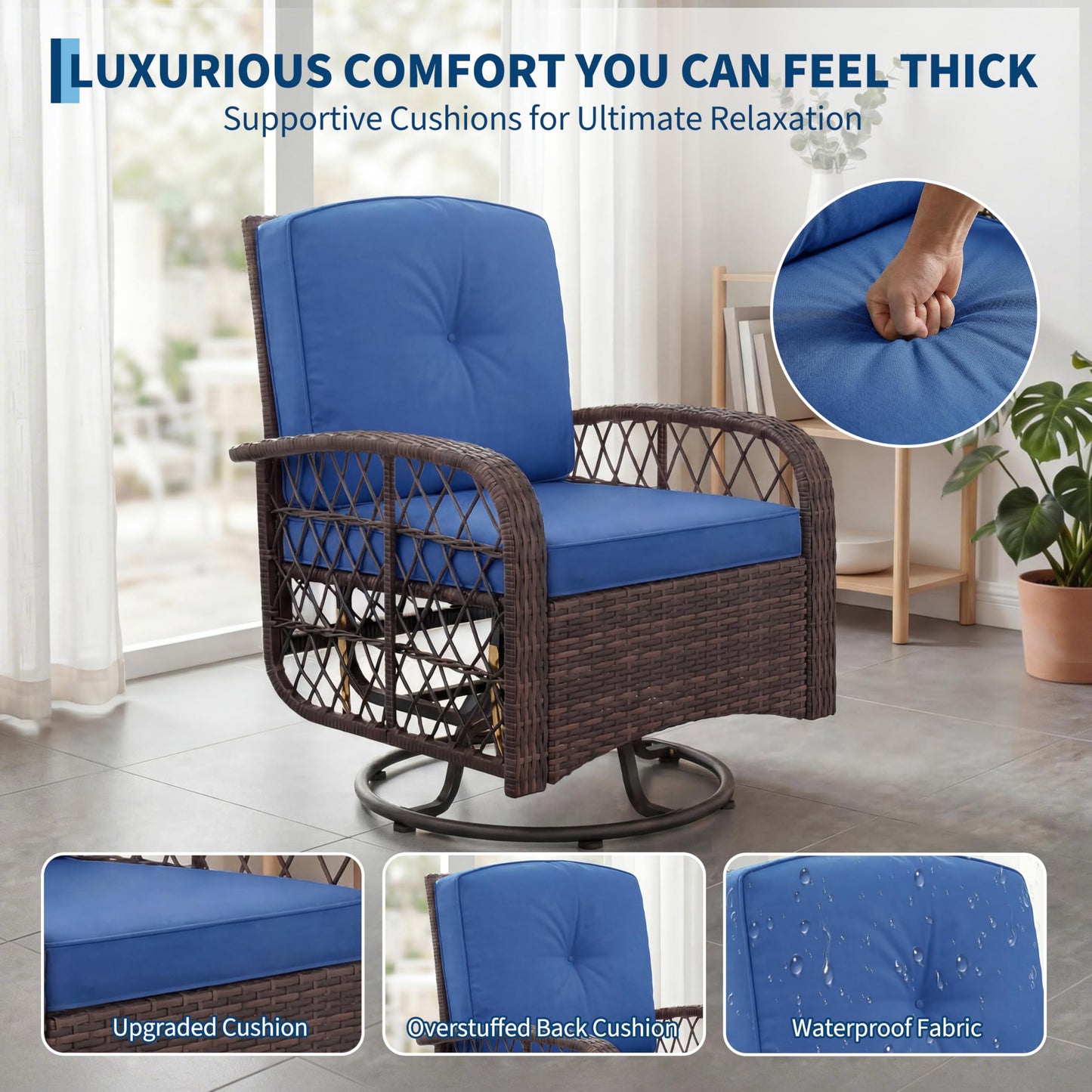 GarveeLife 3 Piece Swivel Wicker Patio Furniture Set, Outdoor Rattan Swivel Chairs with Side Table, All-Weather Conversation Set for Patio, Deck or Backyard, Brown Gradient Wicker with Blue Cushions
