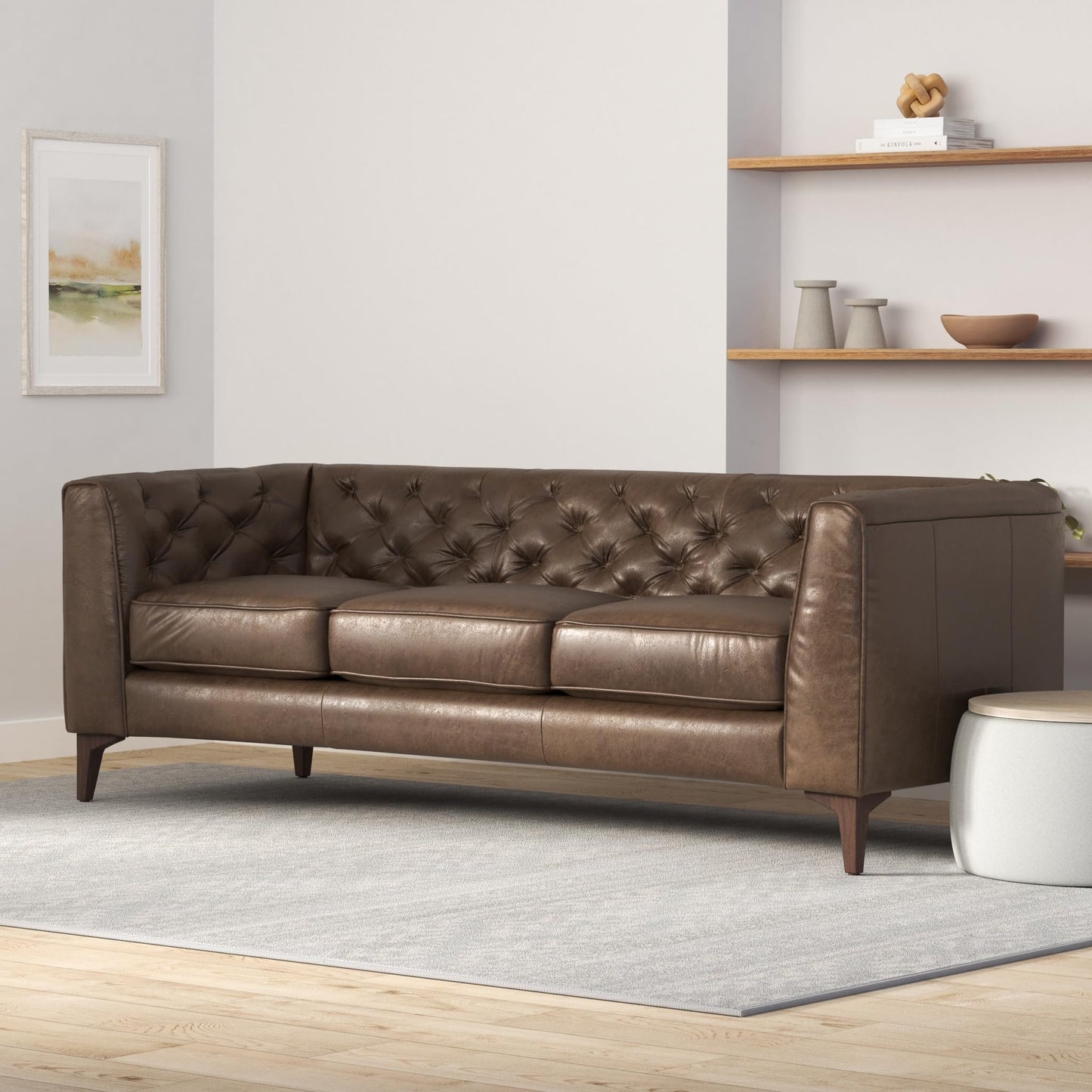 Poly & BARK Essex 89” Full-Grain Italian Leather Sofa – Tufted Back, Feather-Down Comfort, Solid Wood Frame, Cocoa Brown
