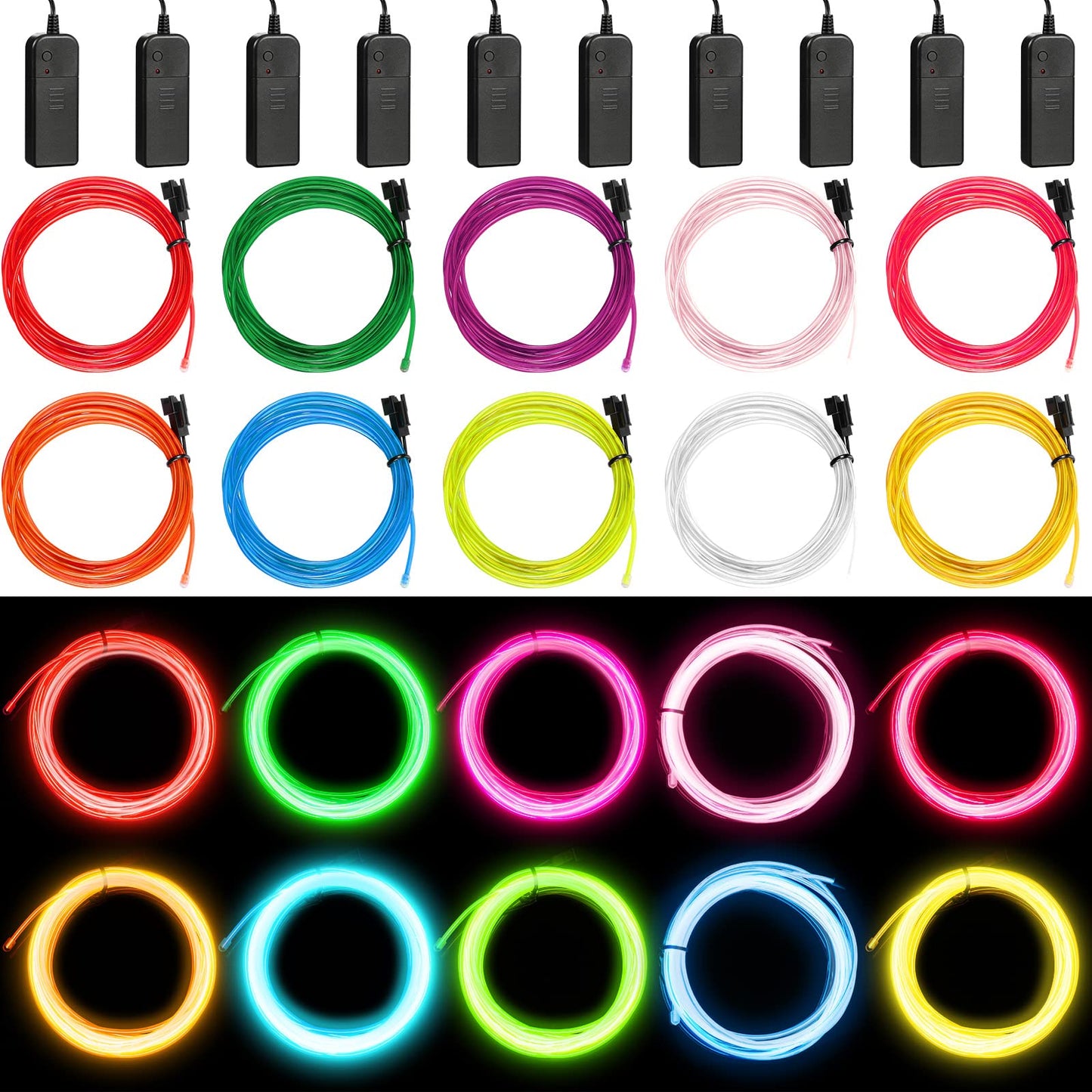 Hortsun 10ft EL Wire Neon Lights - Battery Powered, 15 Pack, Multi-Color (Red, Purple, White, Blue, Green, Yellow, Orange) - Model WA-Horts