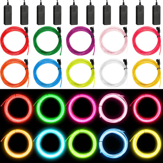Hortsun 10ft EL Wire Neon Lights - Battery Powered, 15 Pack, Multi-Color (Red, Purple, White, Blue, Green, Yellow, Orange) - Model WA-Horts