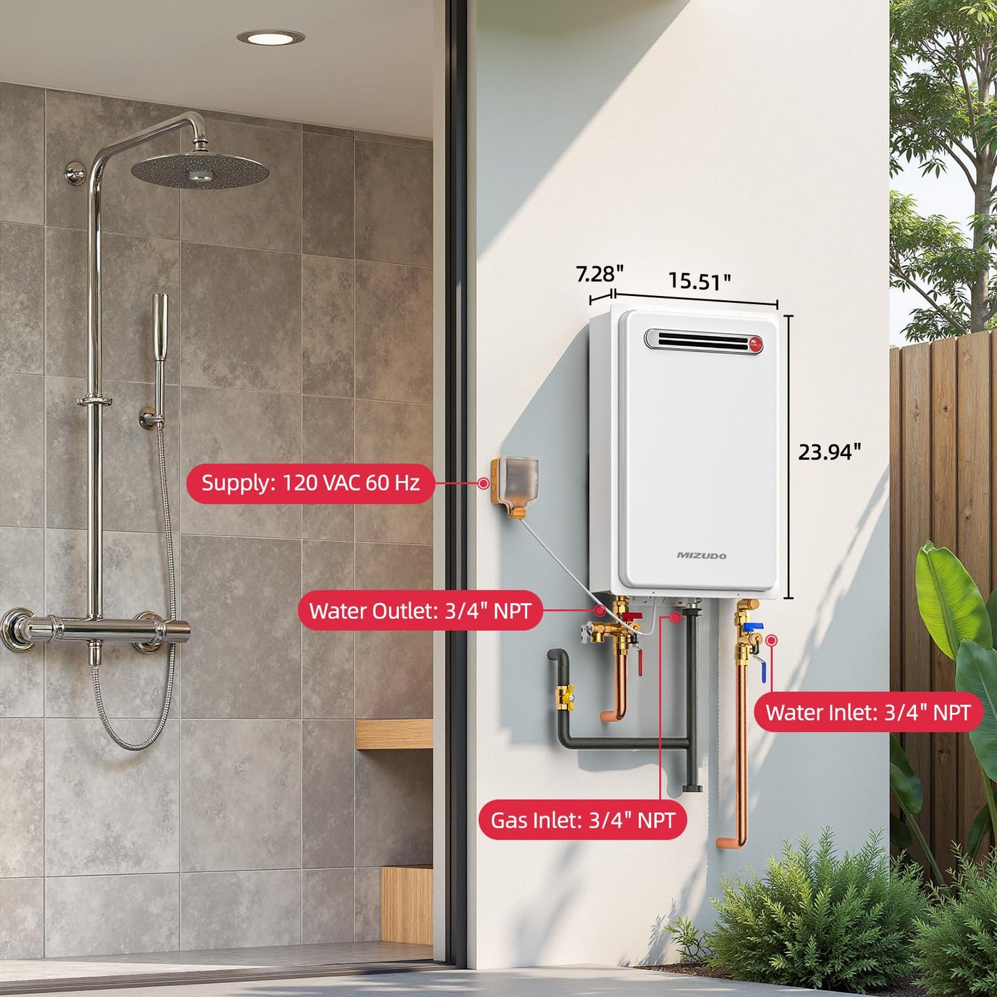 MIZUDO Natural Gas Tankless Water Heater Outdoor Installation Max 5.1 GPM 120,000 BTU CSA Certified Constant Temp High Power On Demand Hot Water Heater for Big Family Whole House, Gen 2