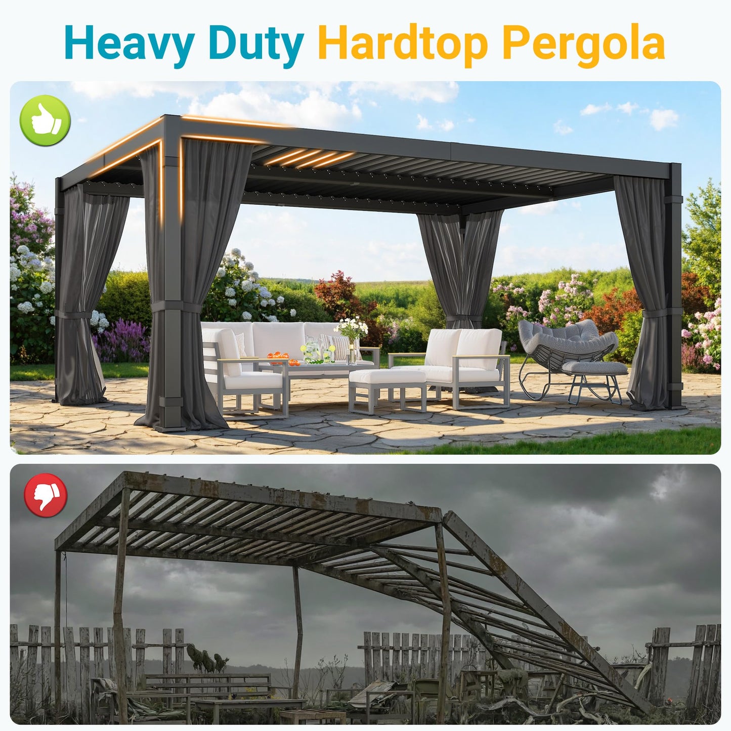 12' x 16' Louvered Pergola, Outdoor Pergola with Curtains & Netting, Metal Patio Pergola with Adjustable Louvers Roof and Gutter System, Metal Hardtop Gazebo for Patio, Deck, Garden, Yard, Dark Gray