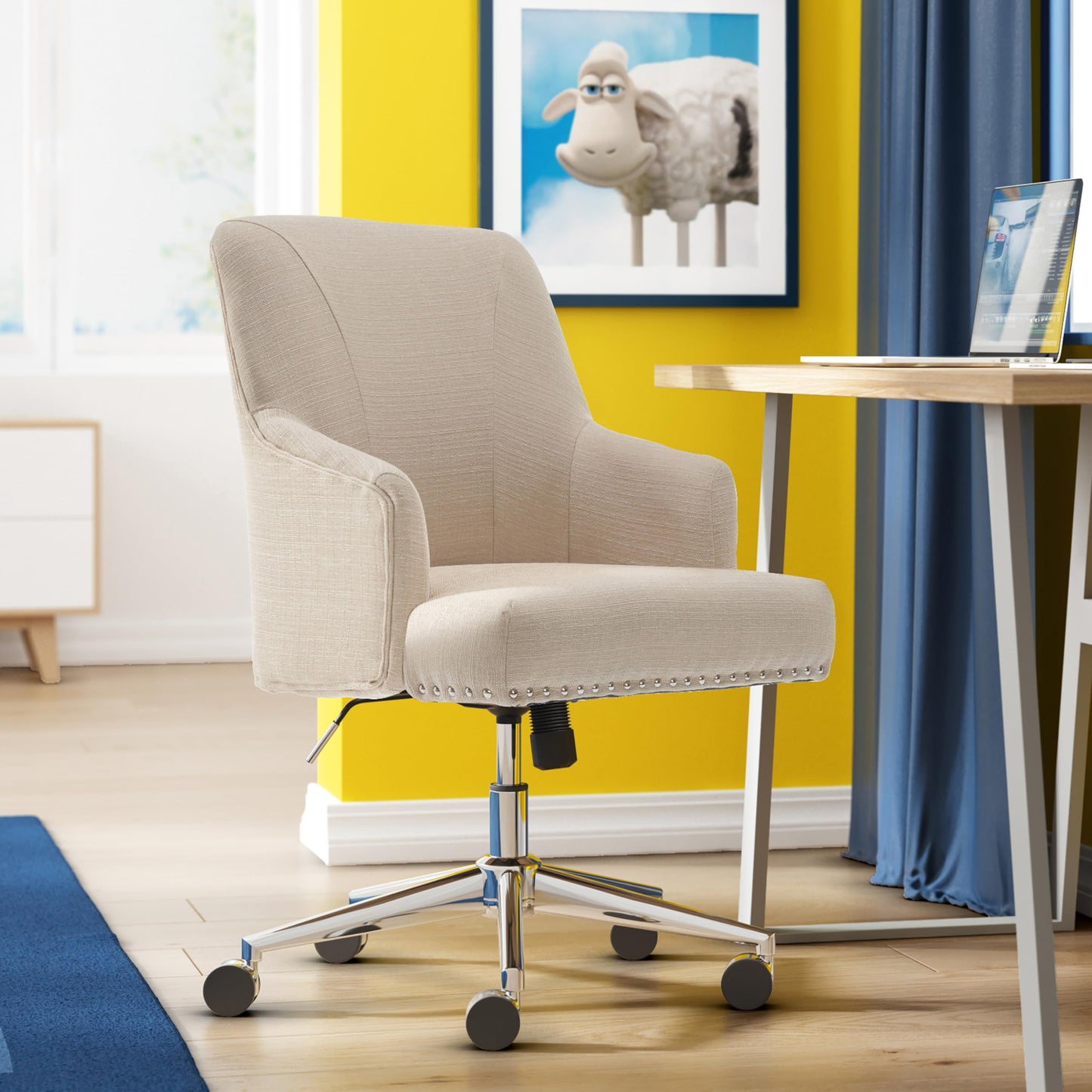 Serta Leighton Home Office Desk Chair, Mid-Back with Chrome Nailheads, Memory Foam Cushion and Padded Arms, Modern Makeup Vanity Armchair with Wheels, Swivel Base, Twill Fabric, Stoneware Beige