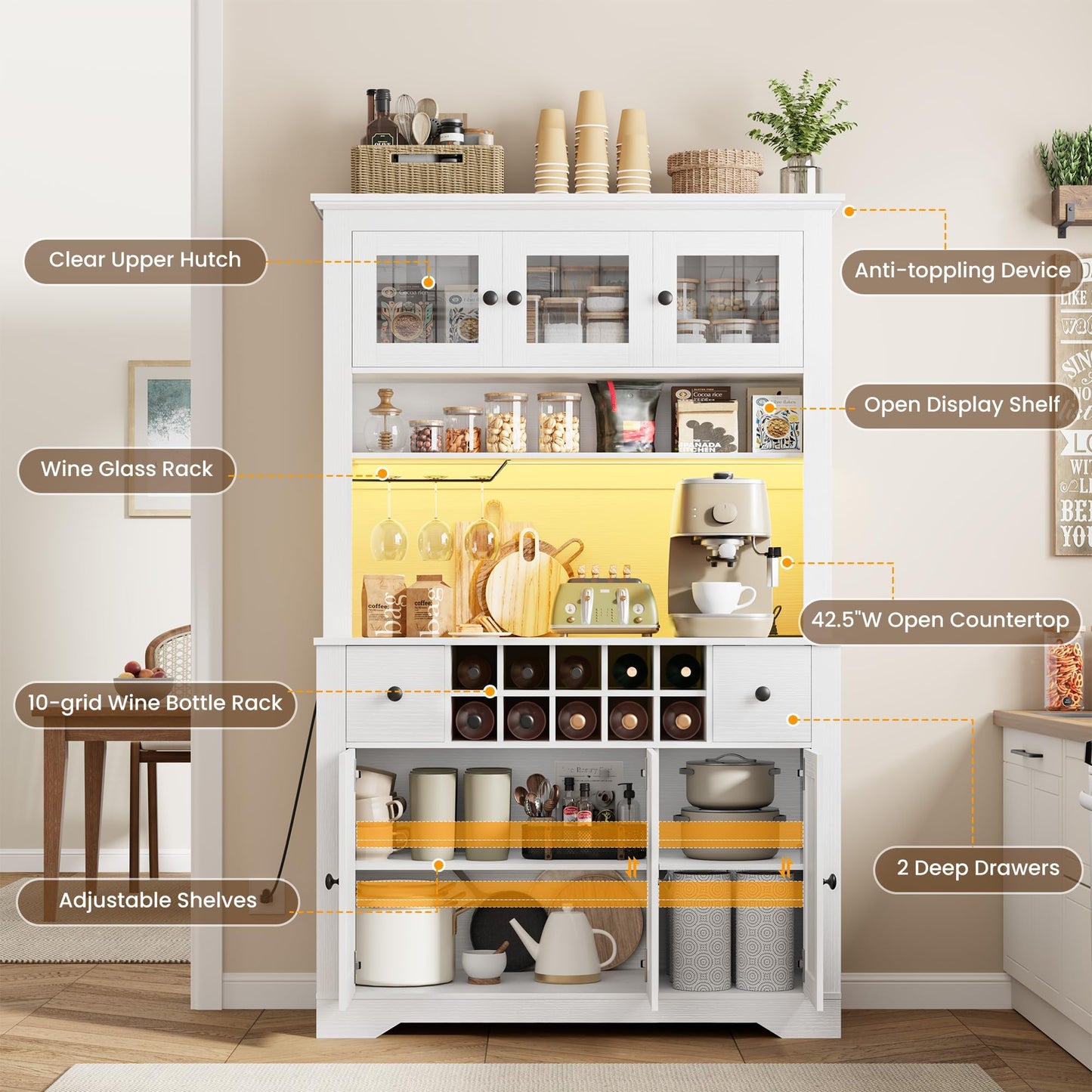 Garvee 69" Tall Pantry Cabinet with LED Lights & Charging Station, Large Kitchen Pantry Storage Cabinet, Kitchen Hutch Coffee Bar Cabinet with Wine Rack for Dining Room, Living Room