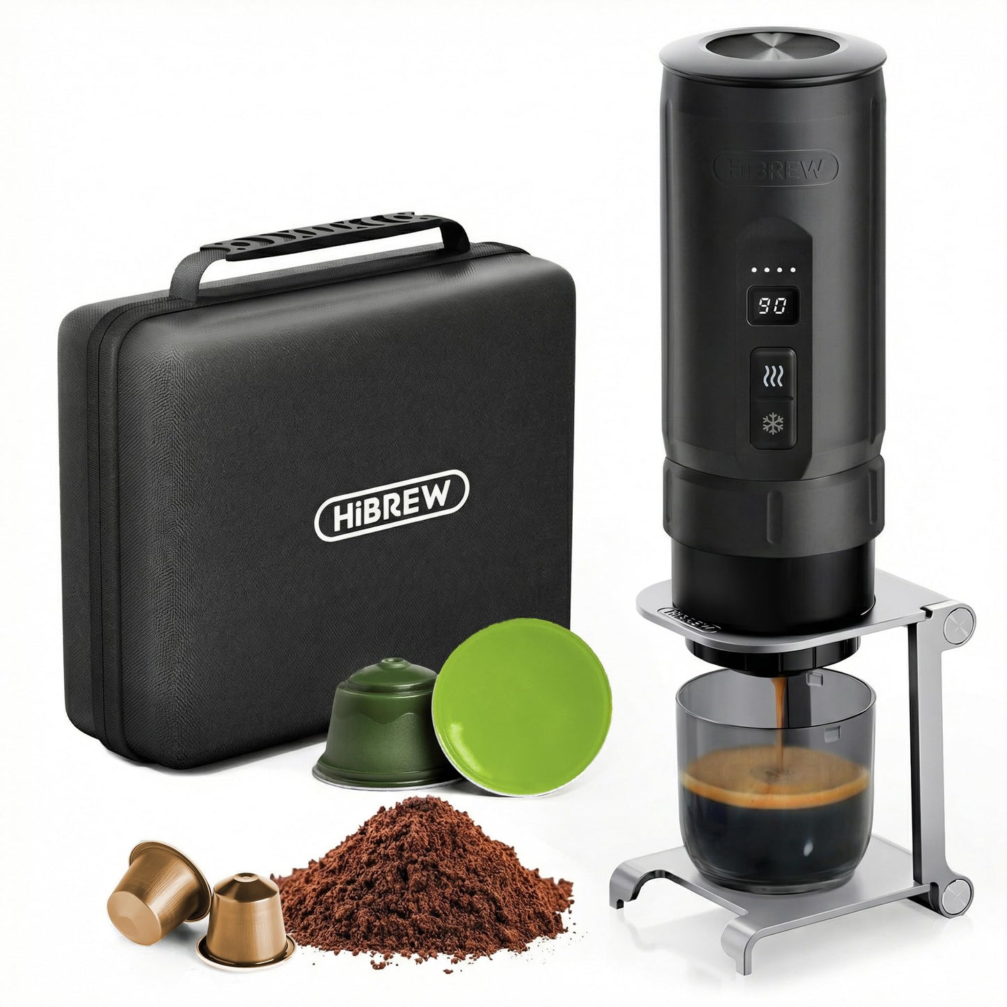 HIBREW H4C Explorer - Portable Electric Espresso Machine, USB-C Rechargeable Coffee Machine for Camping and Travel, Compact for Capsules & Ground Coffee, with Foldable Holder & Carrying Case (Black)