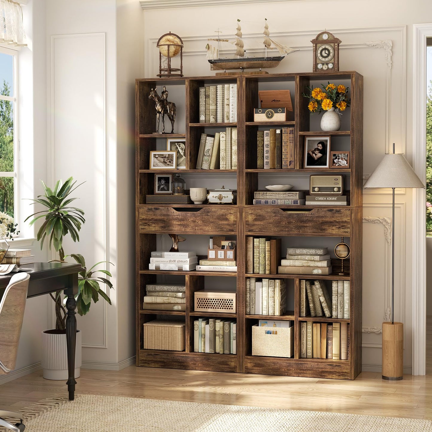 Armocity 8-Tier Tall Bookshelf with Drawer, 73.6" Narrow Freestanding Bookcase, Space-Saving Wood Display Shelves Storage for Living Room, Home Office Bedroom, Rustic Brown
