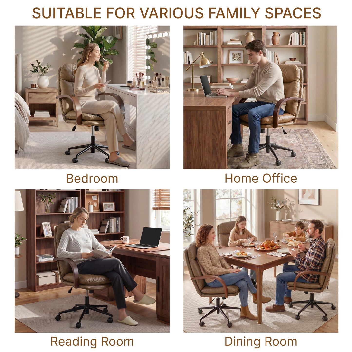 KISLOT Home Office Desk Chair, Ergonomic Office Chair with Lumbar Support, Adjustable Swivel Computer Chair with Wheels, Faux Leather Executive Task Chair with Wood Arms, Brown