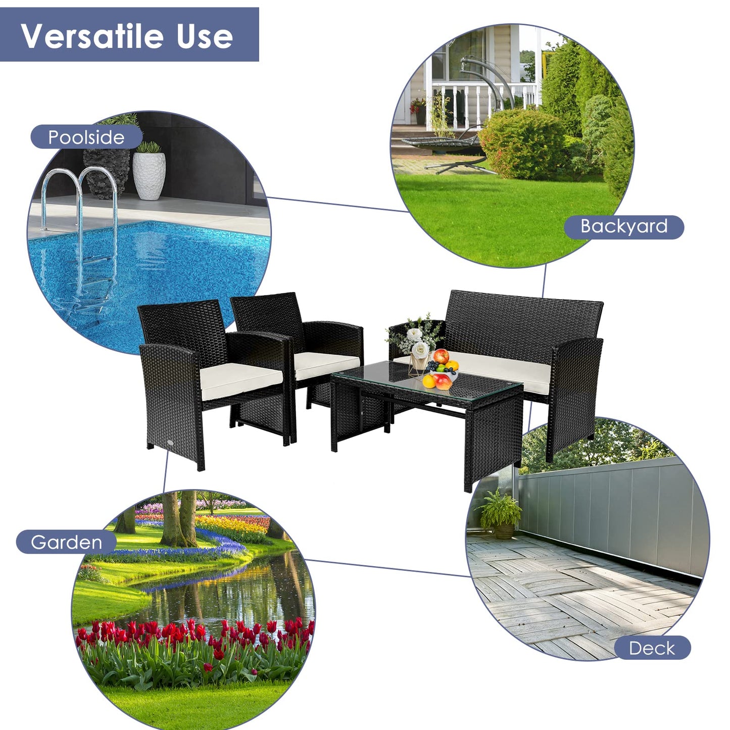 COSTWAY 4 Piece Patio Furniture Set, Outdoor PE Rattan Wicker Sectional Sofa with Cushion and Coffee Table, Patio Conversation Sets for Balcony Lawn Porch Patio Backyard Garden Poolside, White