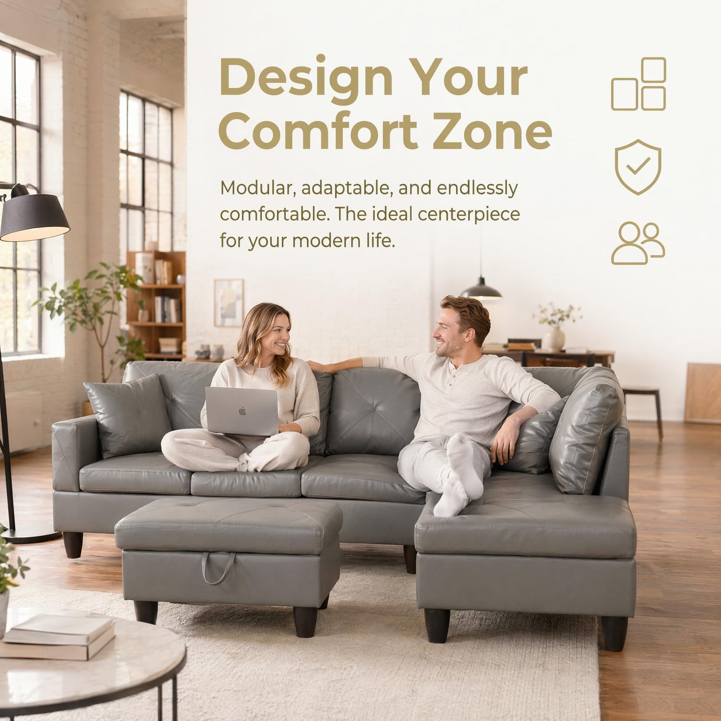 Trygoal 97" Leather L Shaped Couch with Right Chaise & Cup Holder, Sectional Sofas Modular Furniture Set with Storage Ottoman, Convertible Couches for Living Room, Small Space & Office (Grey)