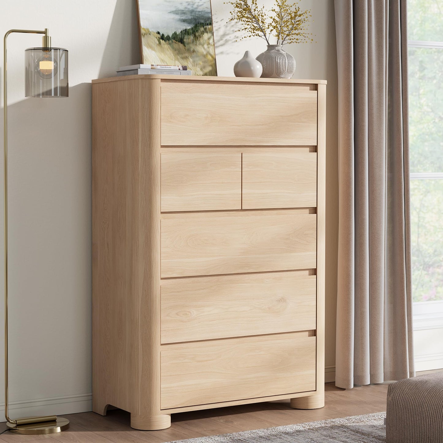 YANSNWO Dresser for Bedroom with 6 Drawers, 48" Tall Modern Chest of Drawers with Unique Thickened Foot, Rounded Corner Design, Wooden Dresser Organizer for Bedroom, Living Room, Hallway, Natural Oak